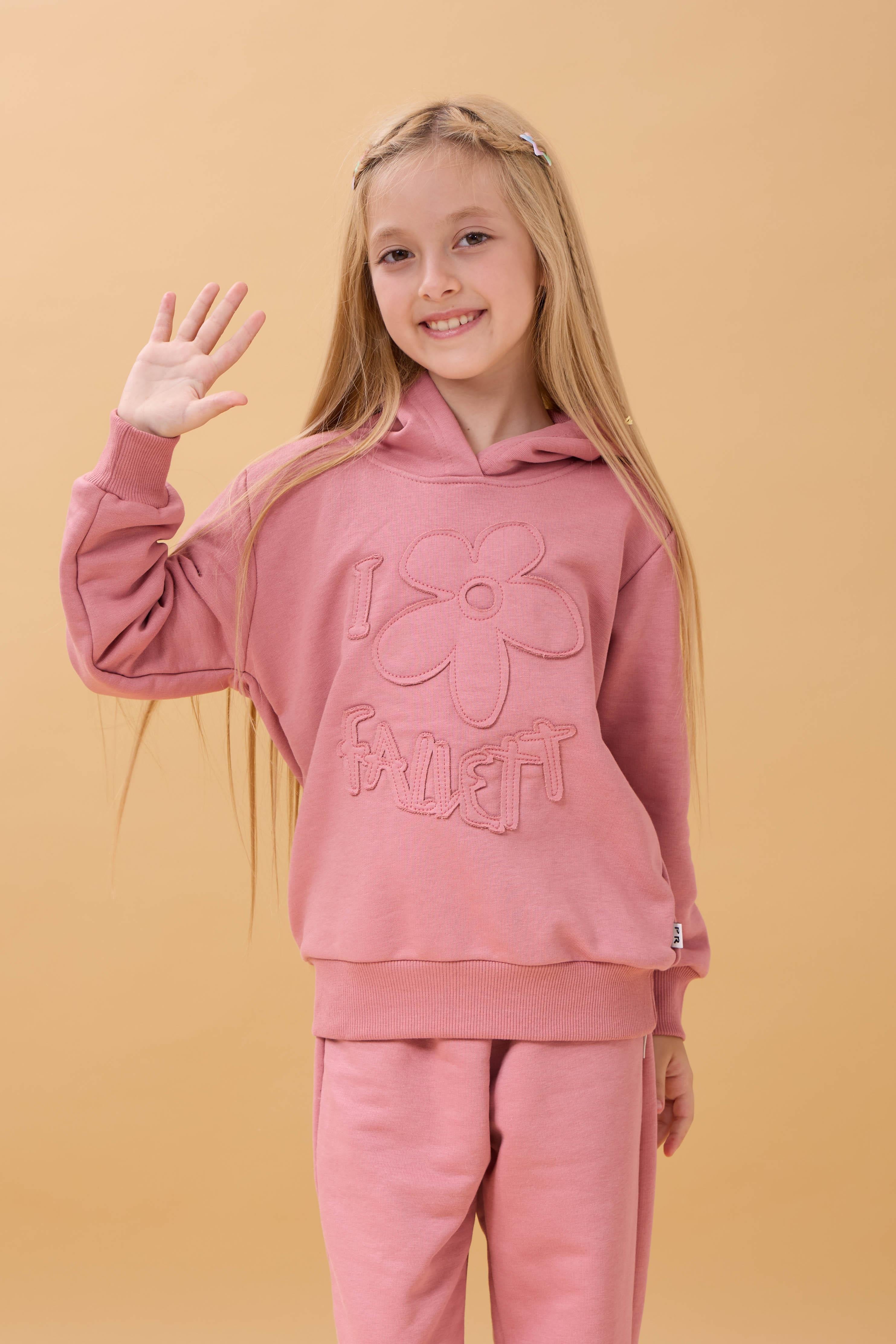 Kız Çocuk Kapüşonlu Çiçek Aplikeli Alt Üst Mevsimlik Takım