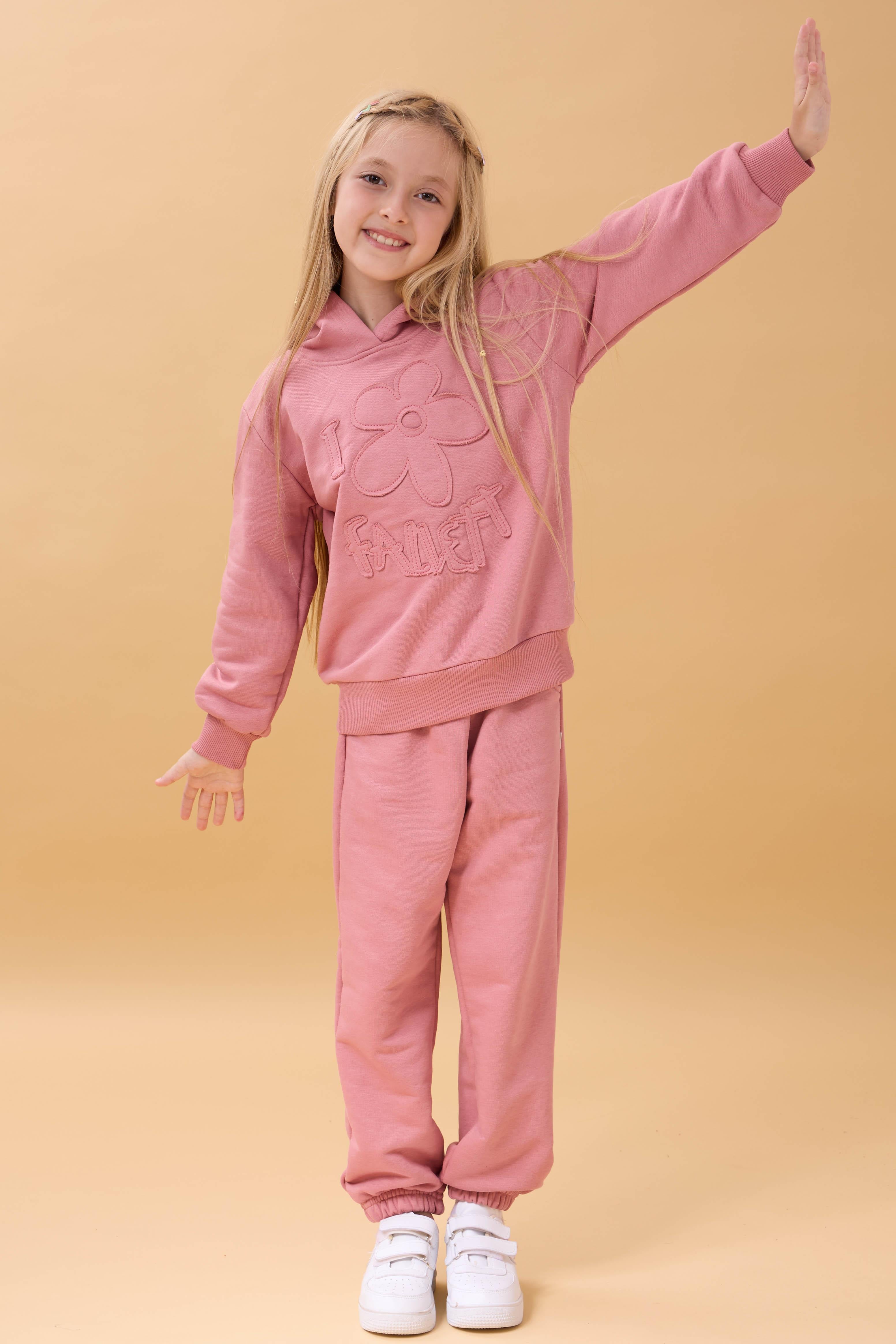 Kız Çocuk Kapüşonlu Çiçek Aplikeli Alt Üst Mevsimlik Takım