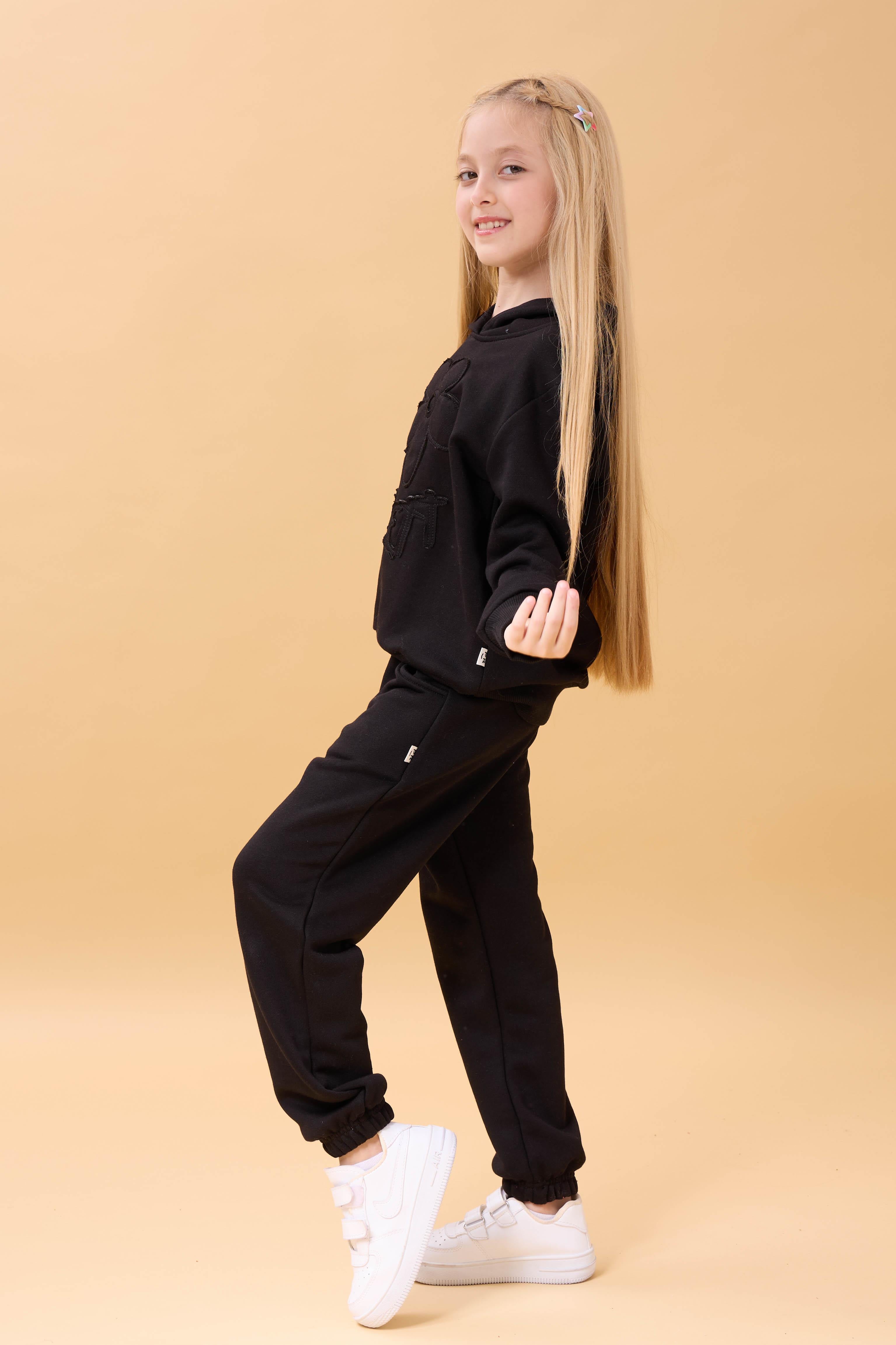 Kız Çocuk Kapüşonlu Çiçek Aplikeli Alt Üst Mevsimlik Takım