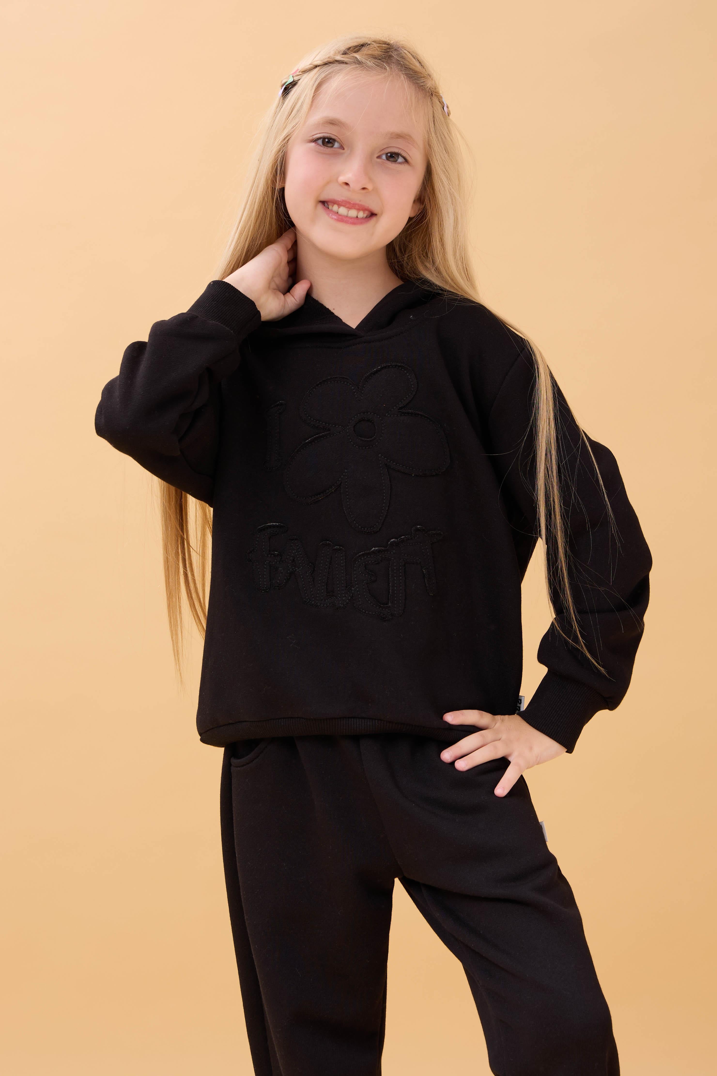 Kız Çocuk Kapüşonlu Çiçek Aplikeli Alt Üst Mevsimlik Takım