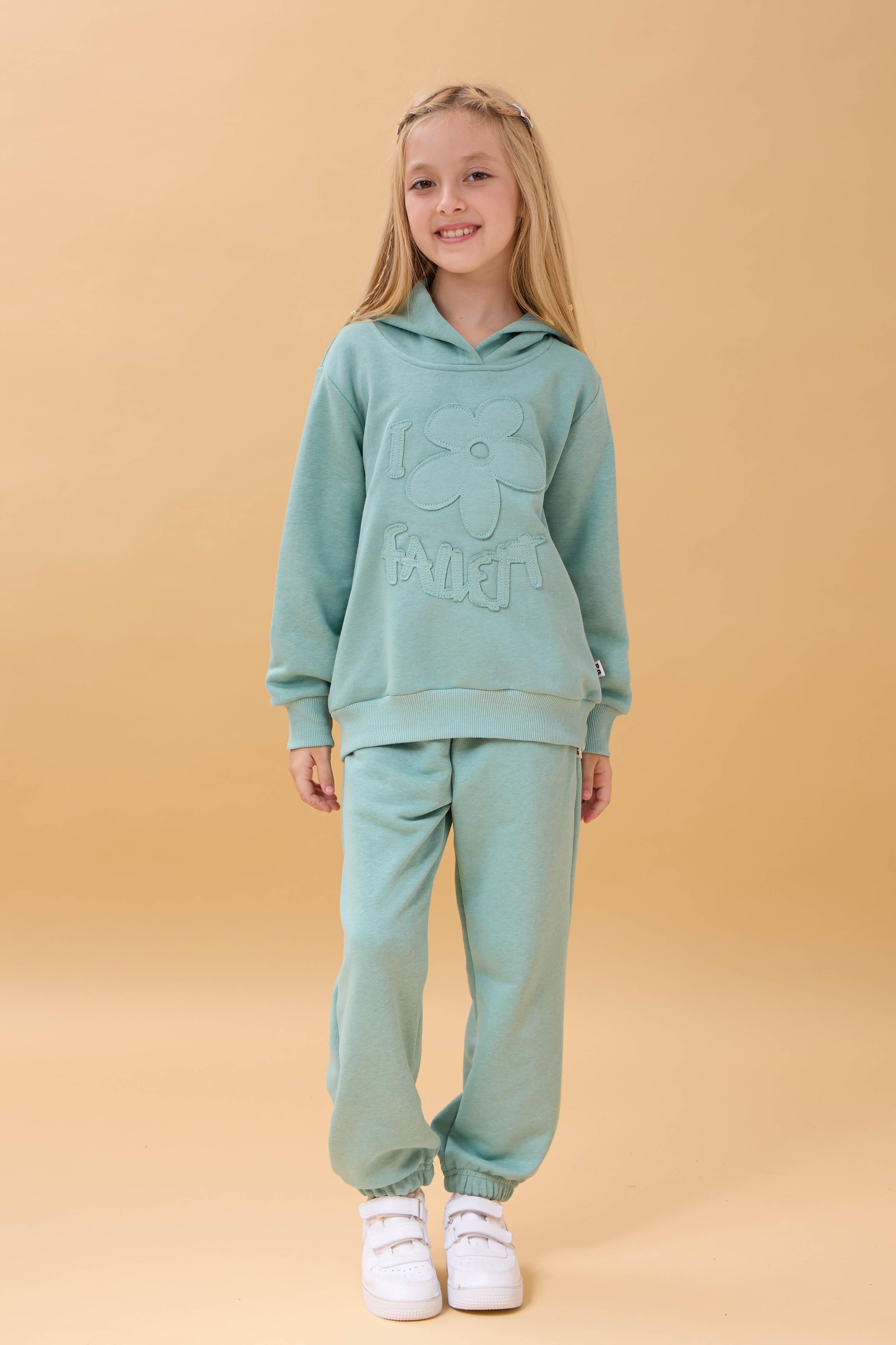 Kız Çocuk Kapüşonlu Çiçek Aplikeli Alt Üst Mevsimlik Takım