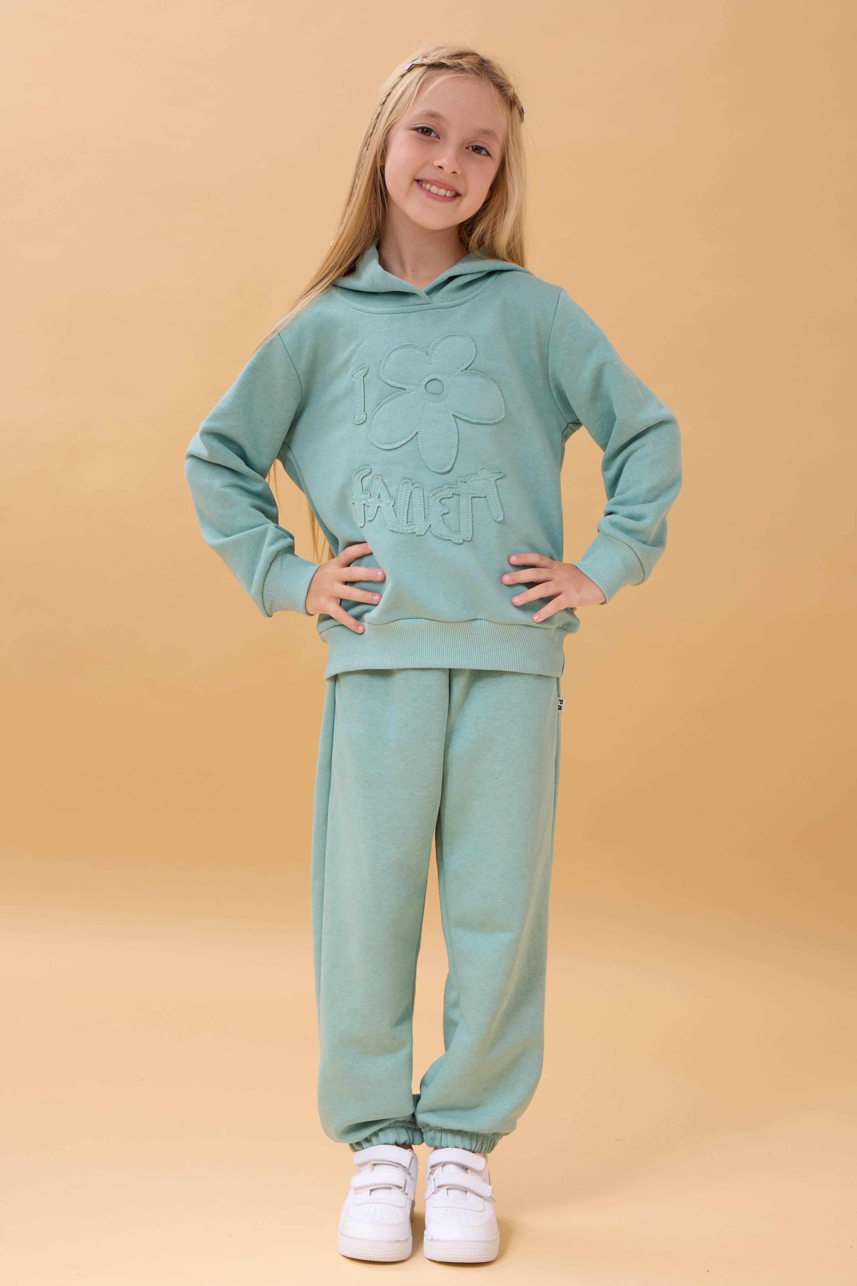 Kız Çocuk Kapüşonlu Çiçek Aplikeli Alt Üst Mevsimlik Takım