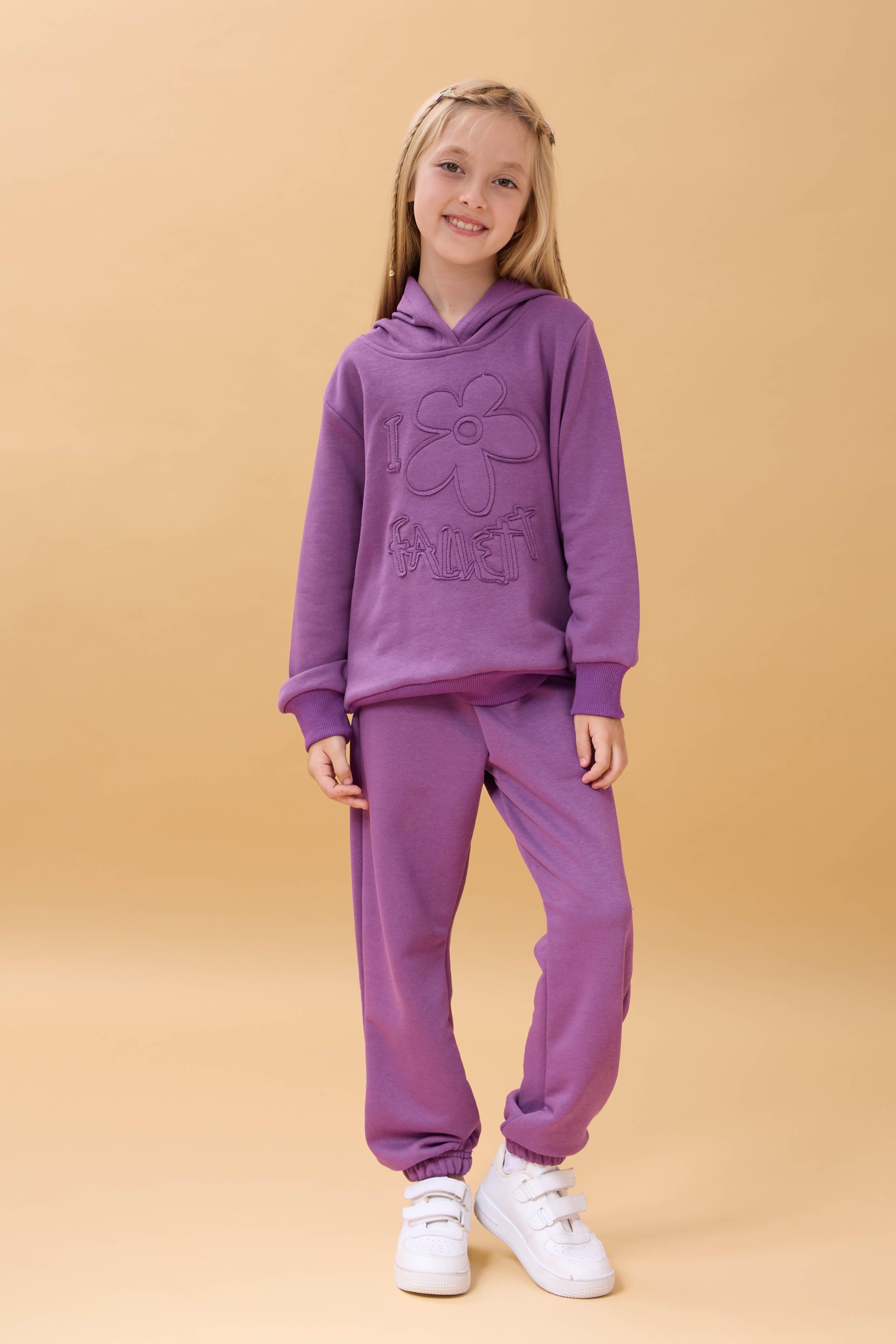 Kız Çocuk Kapüşonlu Çiçek Aplikeli Alt Üst Mevsimlik Takım