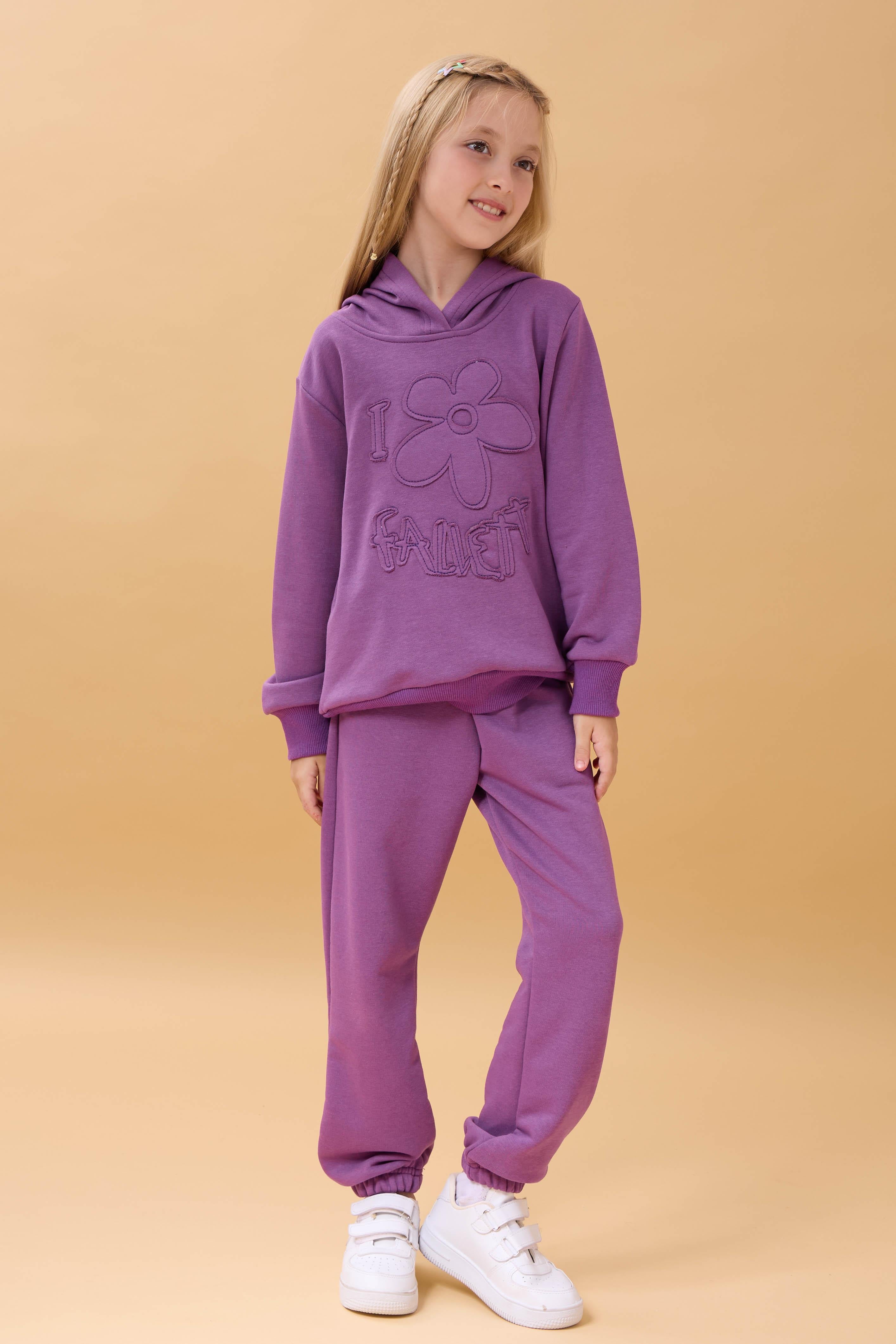 Kız Çocuk Kapüşonlu Çiçek Aplikeli Alt Üst Mevsimlik Takım