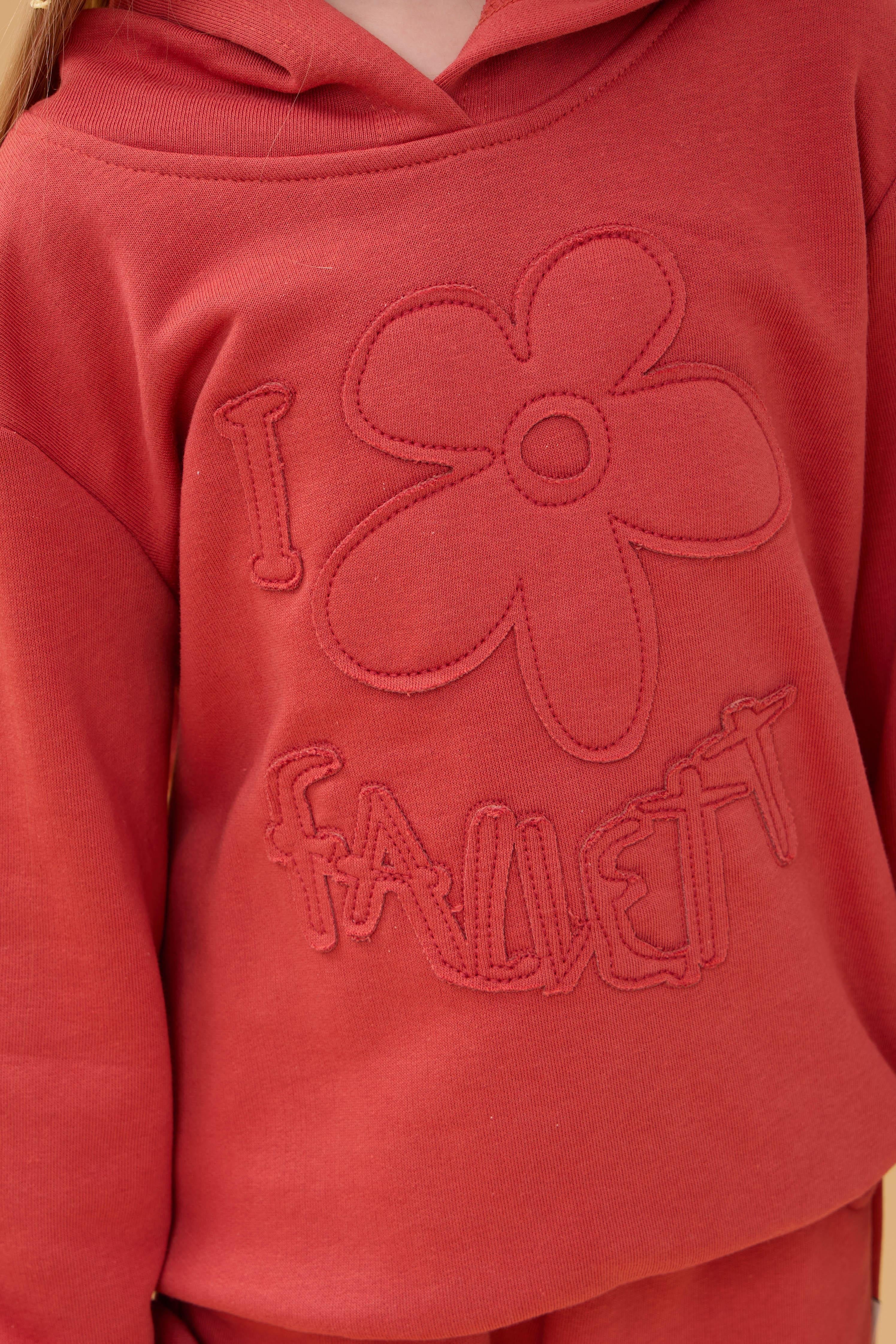 Kız Çocuk Kapüşonlu Çiçek Aplikeli Alt Üst Mevsimlik Takım