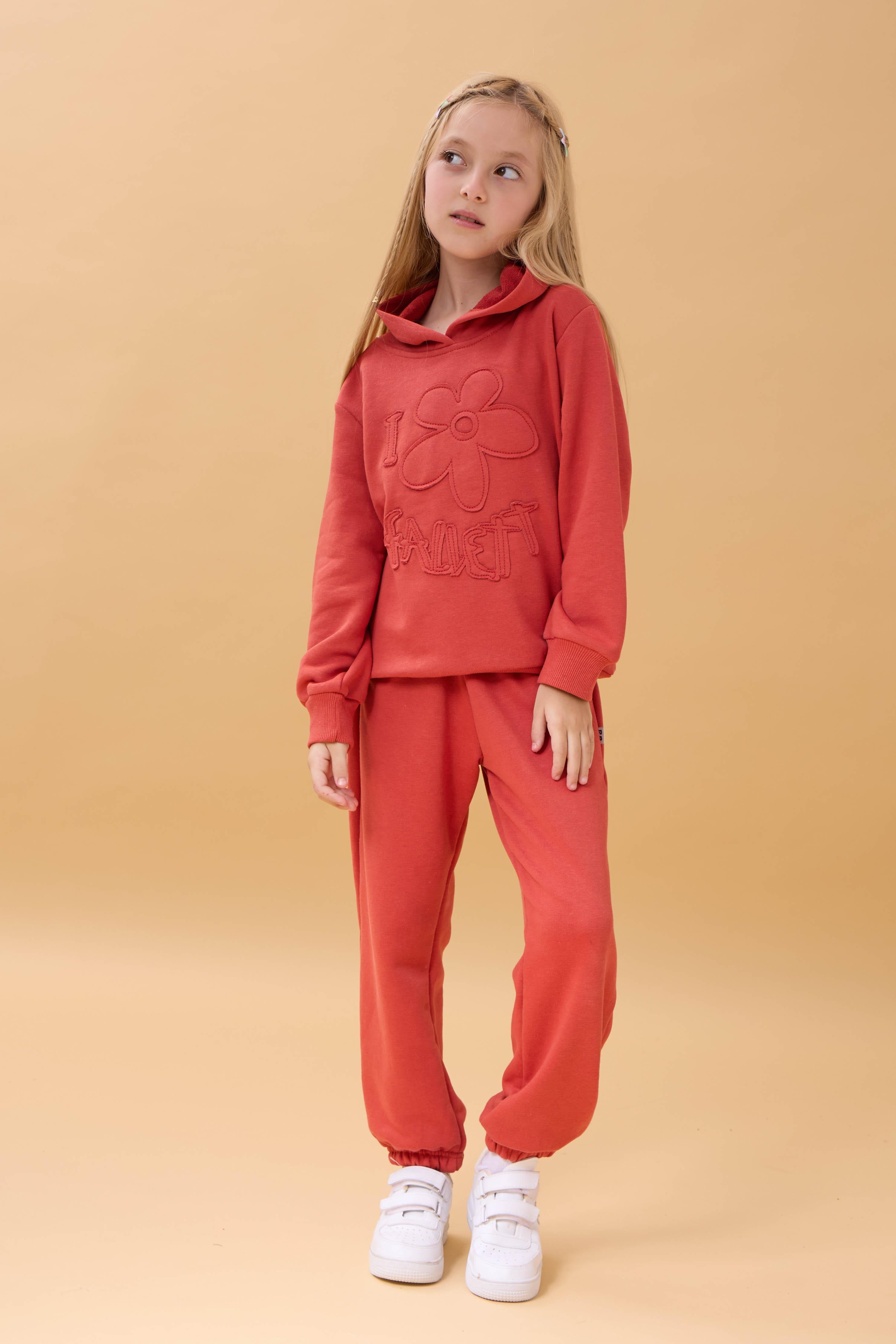 Kız Çocuk Kapüşonlu Çiçek Aplikeli Alt Üst Mevsimlik Takım