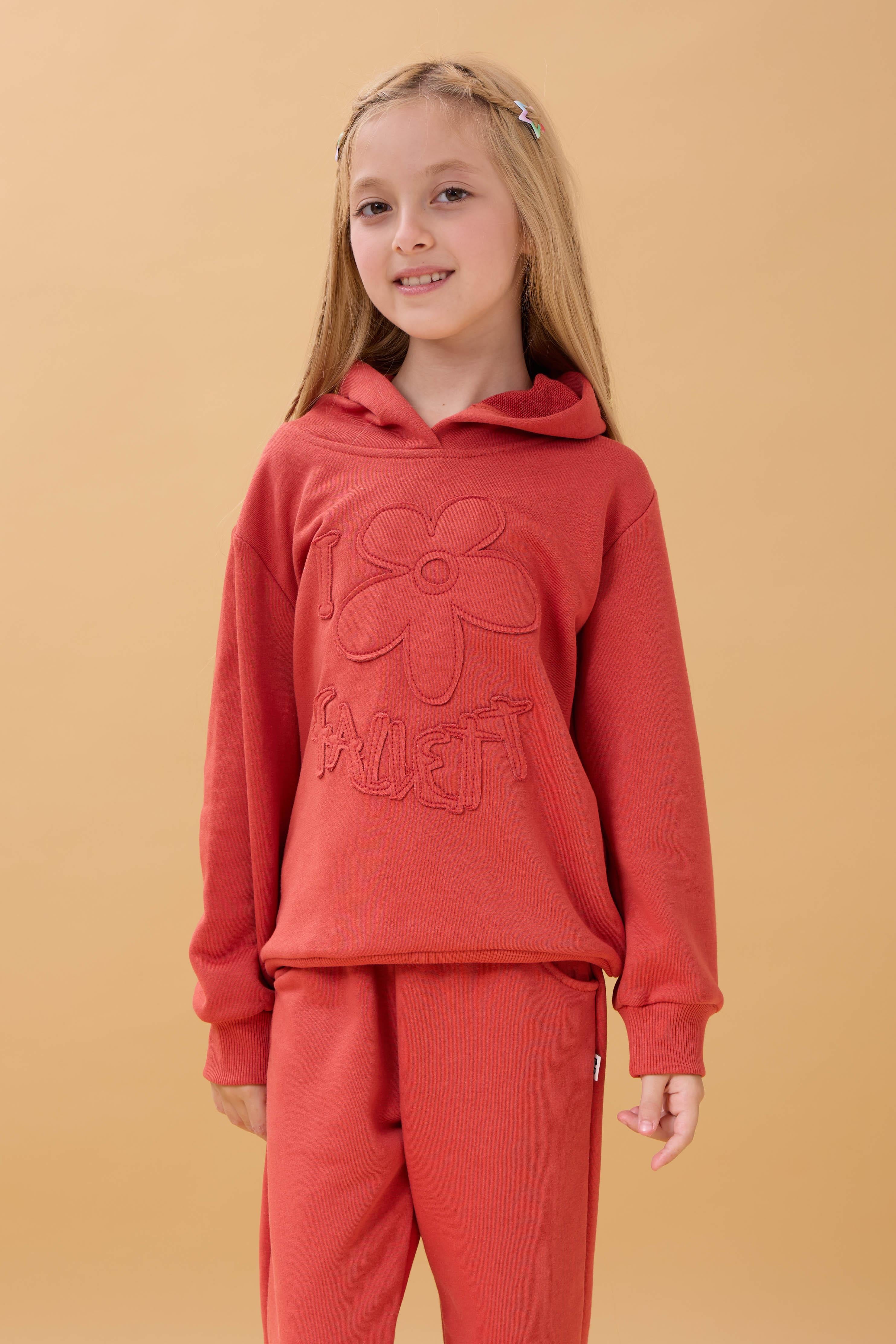 Kız Çocuk Kapüşonlu Çiçek Aplikeli Alt Üst Mevsimlik Takım