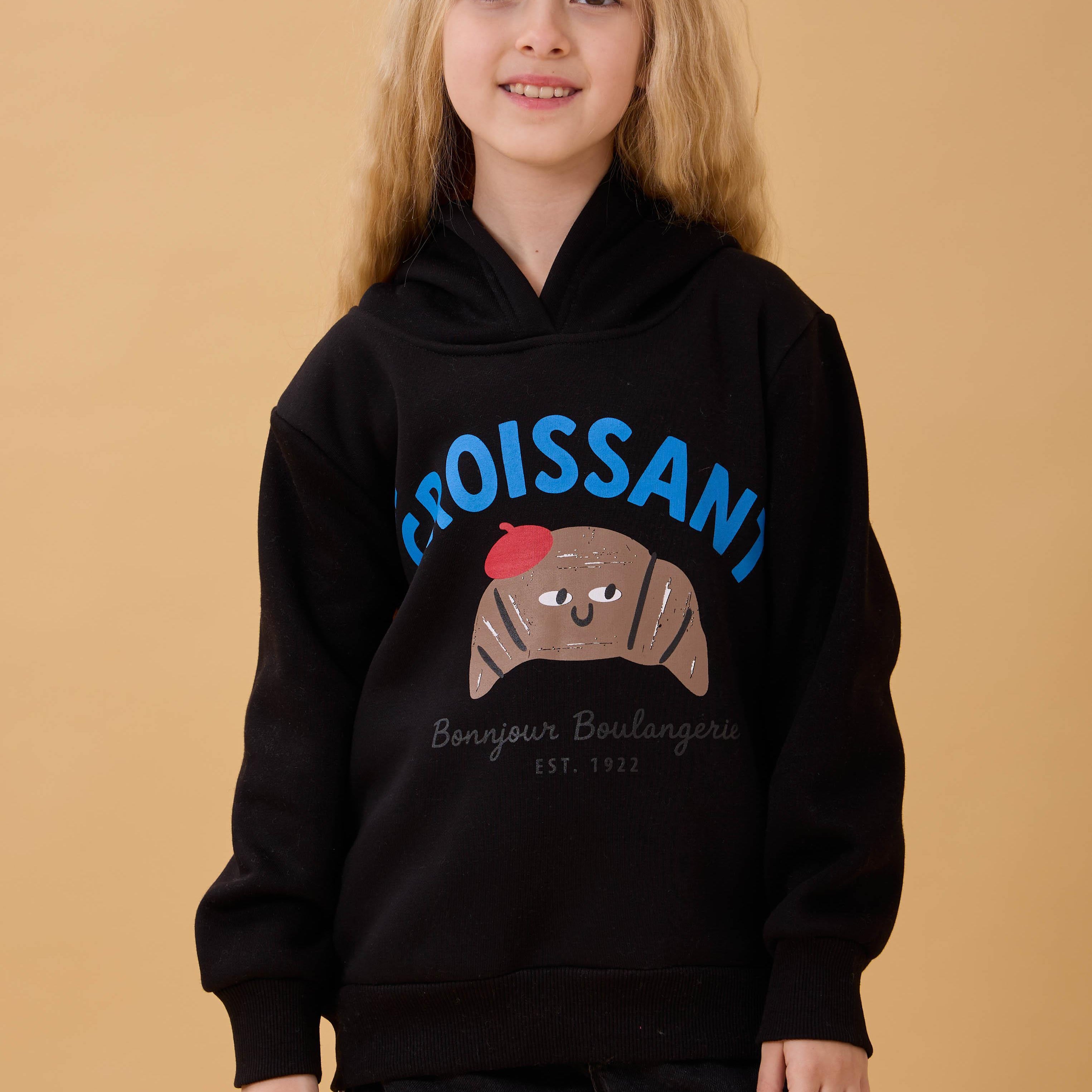 Kız Çocuk Kapüşonlu Kruvasan Baskılı İçi Polarlı Sweatshirt