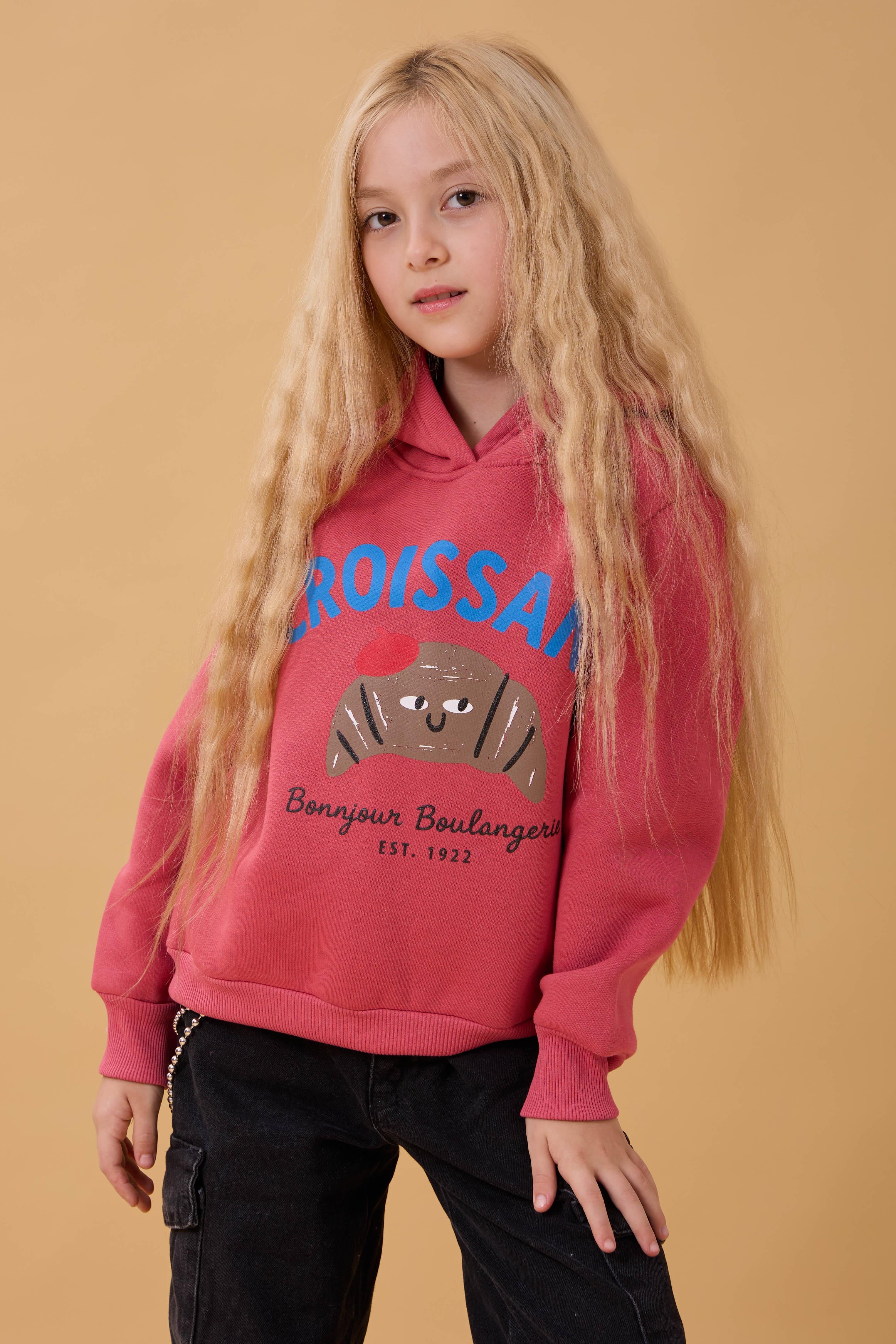 Kız Çocuk Kapüşonlu Kruvasan Baskılı İçi Polarlı Sweatshirt