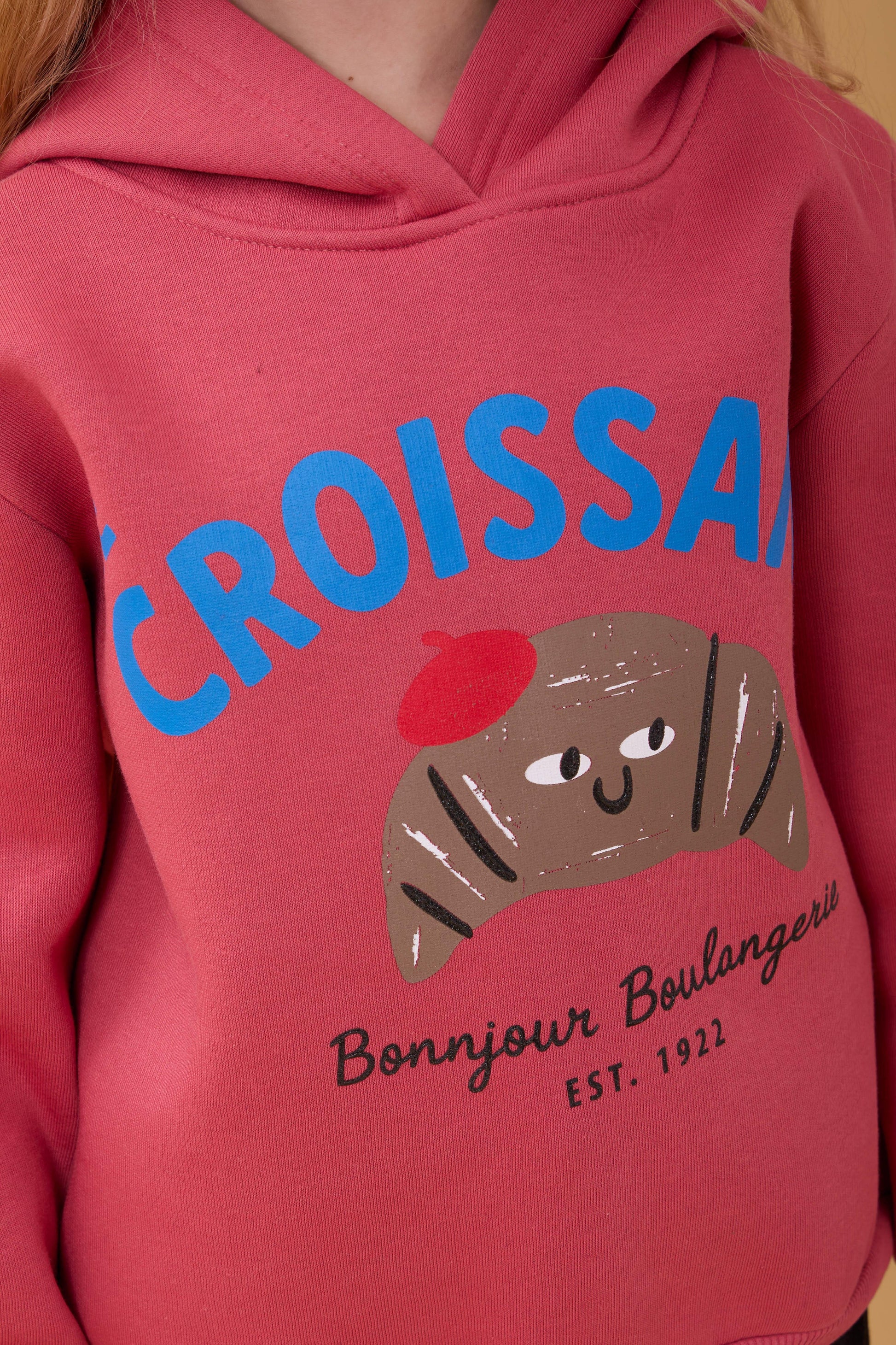 Kız Çocuk Kapüşonlu Kruvasan Baskılı İçi Polarlı Sweatshirt