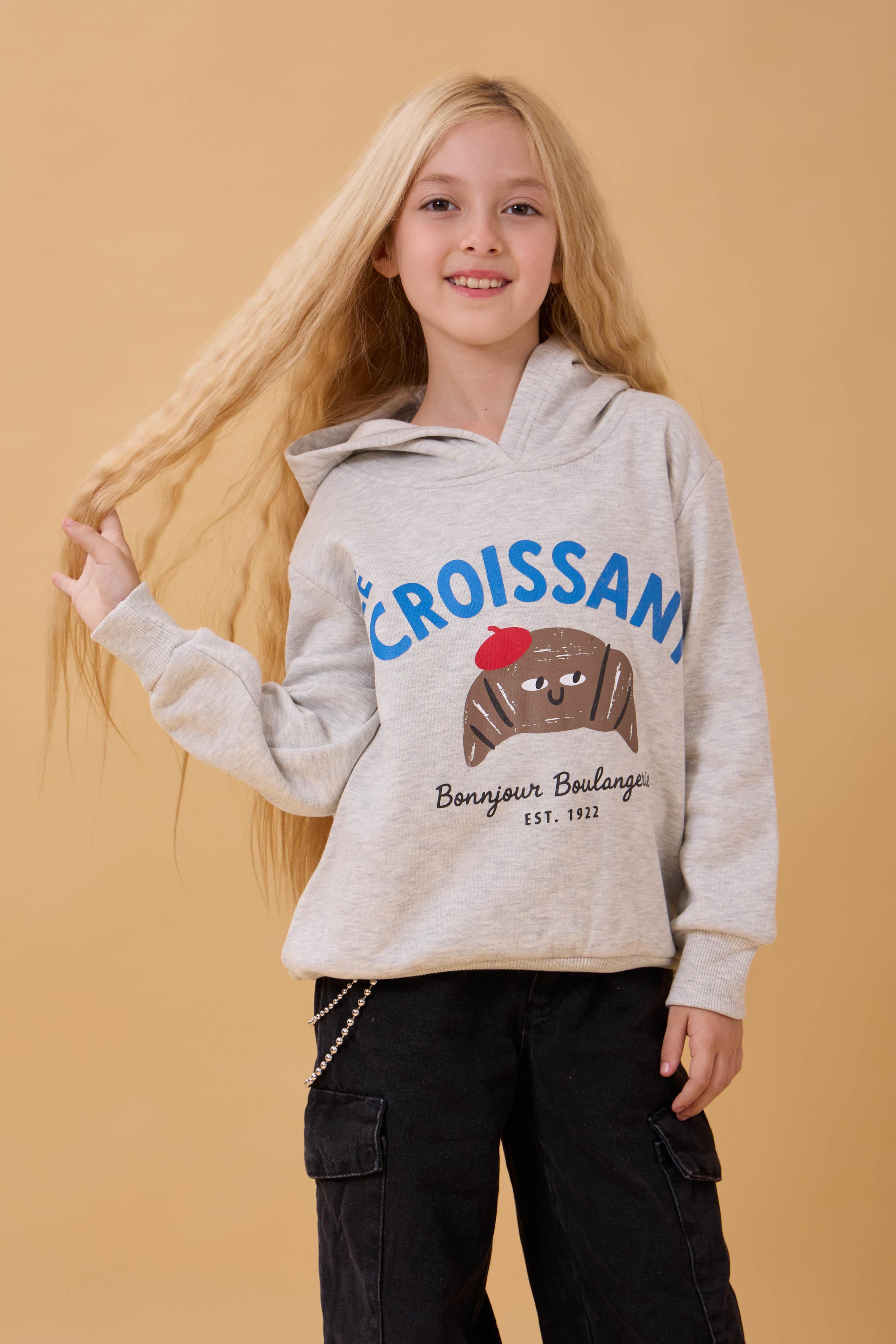Kız Çocuk Kapüşonlu Kruvasan Baskılı İçi Polarlı Sweatshirt
