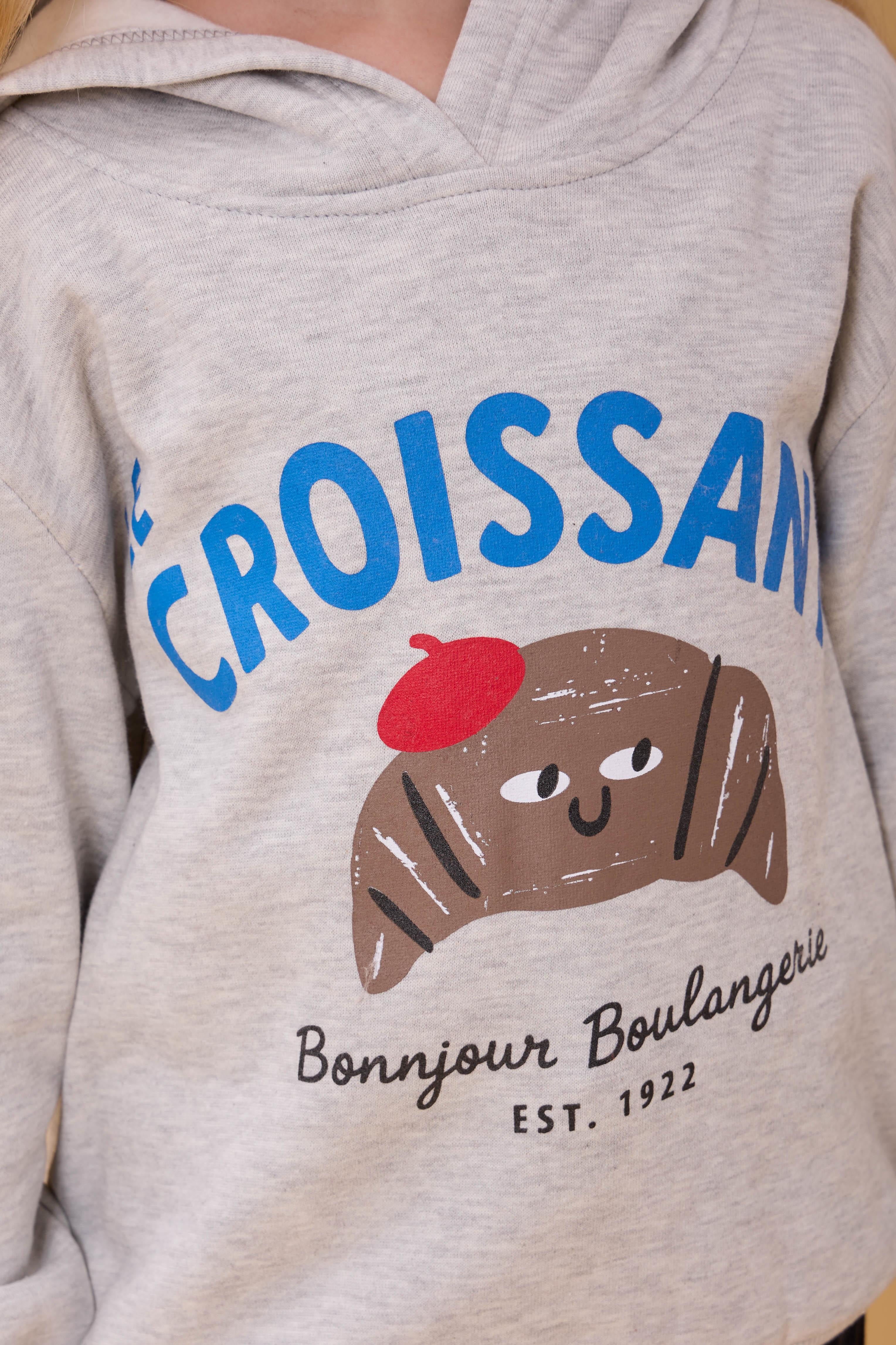 Kız Çocuk Kapüşonlu Kruvasan Baskılı İçi Polarlı Sweatshirt