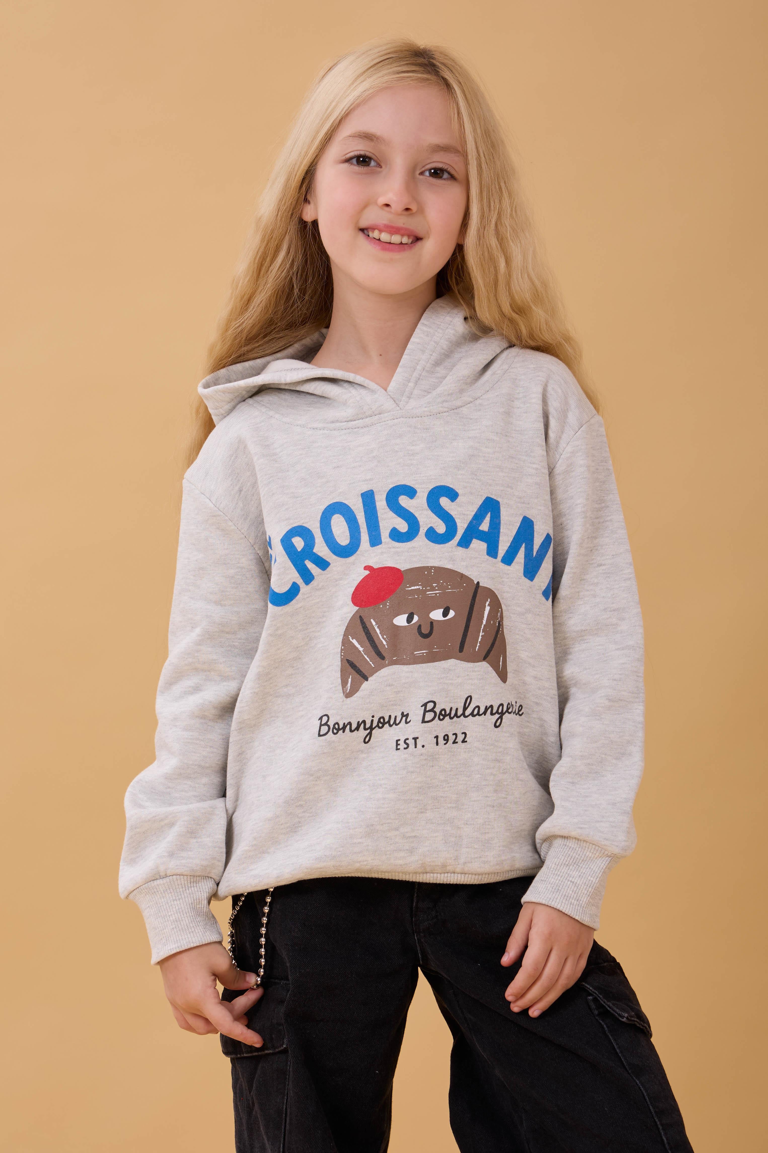 Kız Çocuk Kapüşonlu Kruvasan Baskılı İçi Polarlı Sweatshirt Gri Melanj
