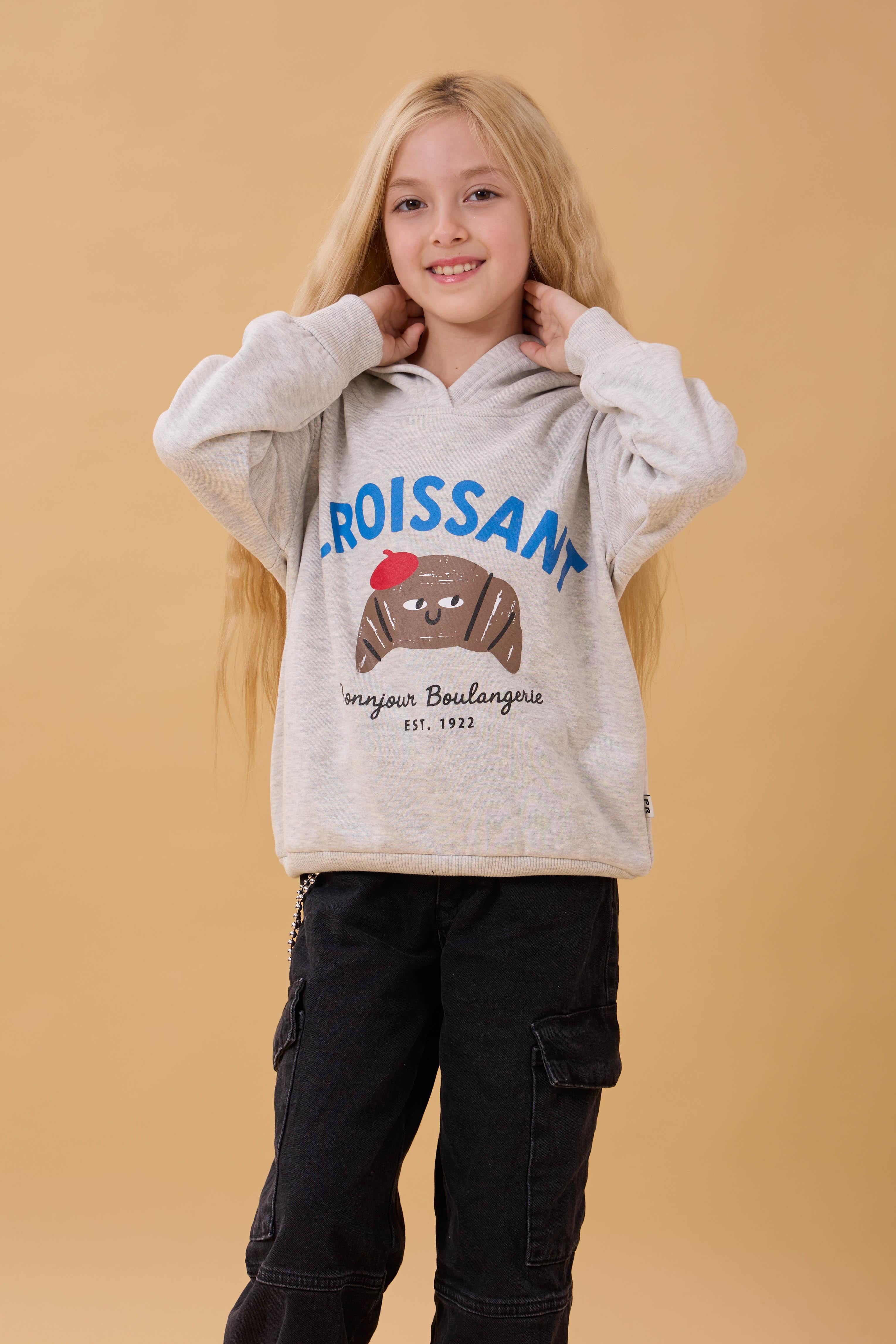 Kız Çocuk Kapüşonlu Kruvasan Baskılı İçi Polarlı Sweatshirt Gri Melanj