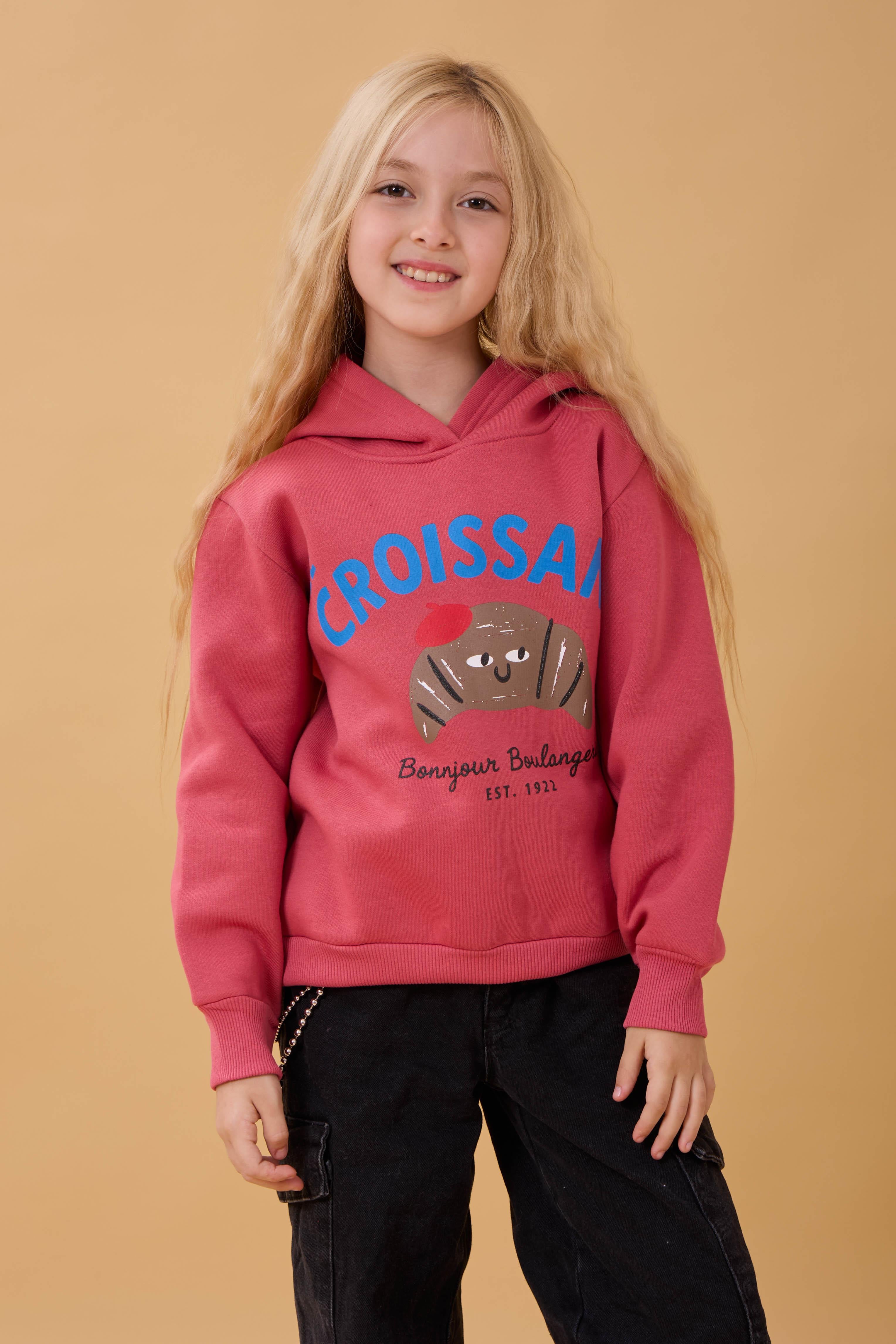 Kız Çocuk Kapüşonlu Kruvasan Baskılı İçi Polarlı Sweatshirt Gülkurusu