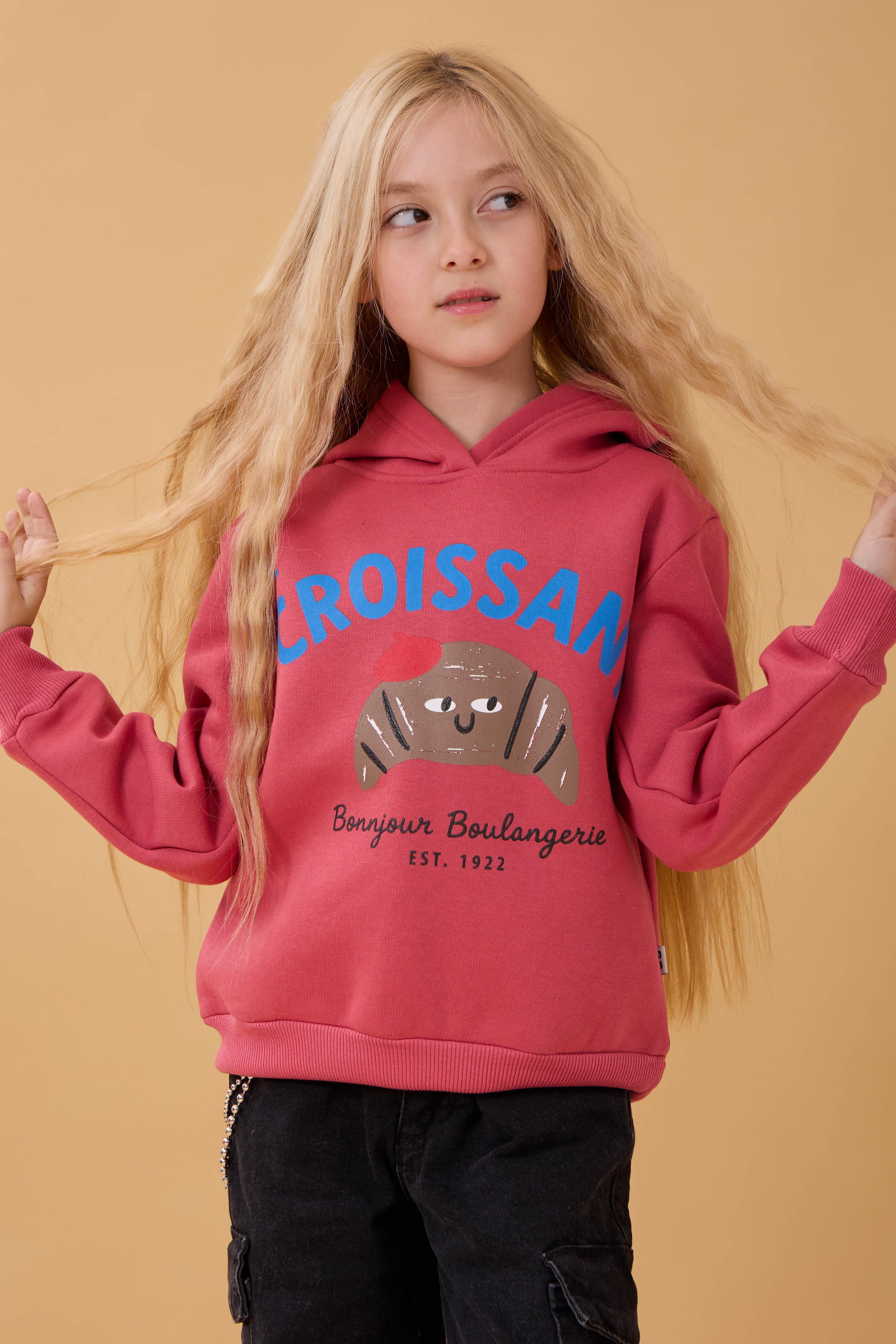 Kız Çocuk Kapüşonlu Kruvasan Baskılı İçi Polarlı Sweatshirt Gülkurusu