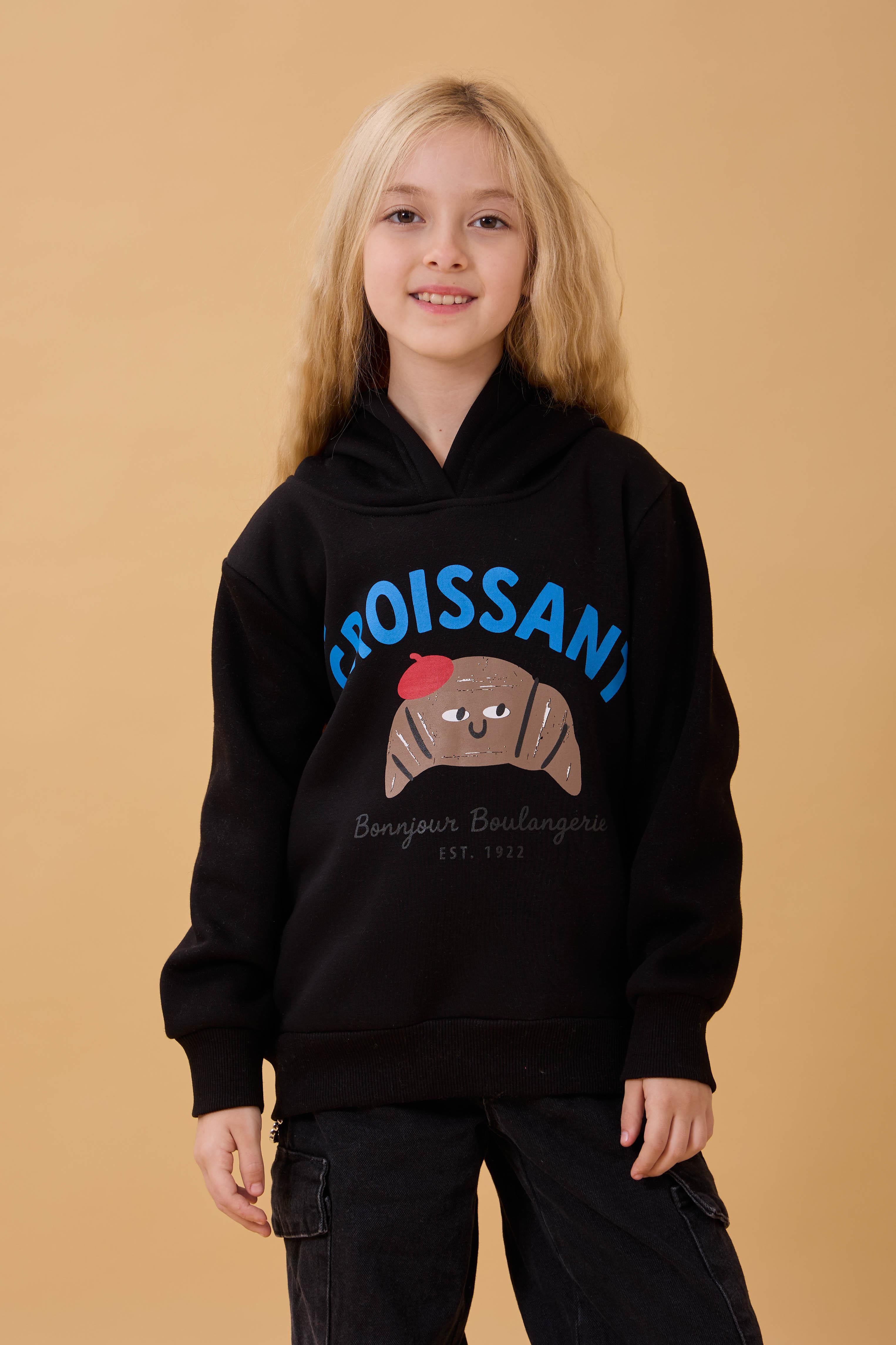 Kız Çocuk Kapüşonlu Kruvasan Baskılı İçi Polarlı Sweatshirt Siyah
