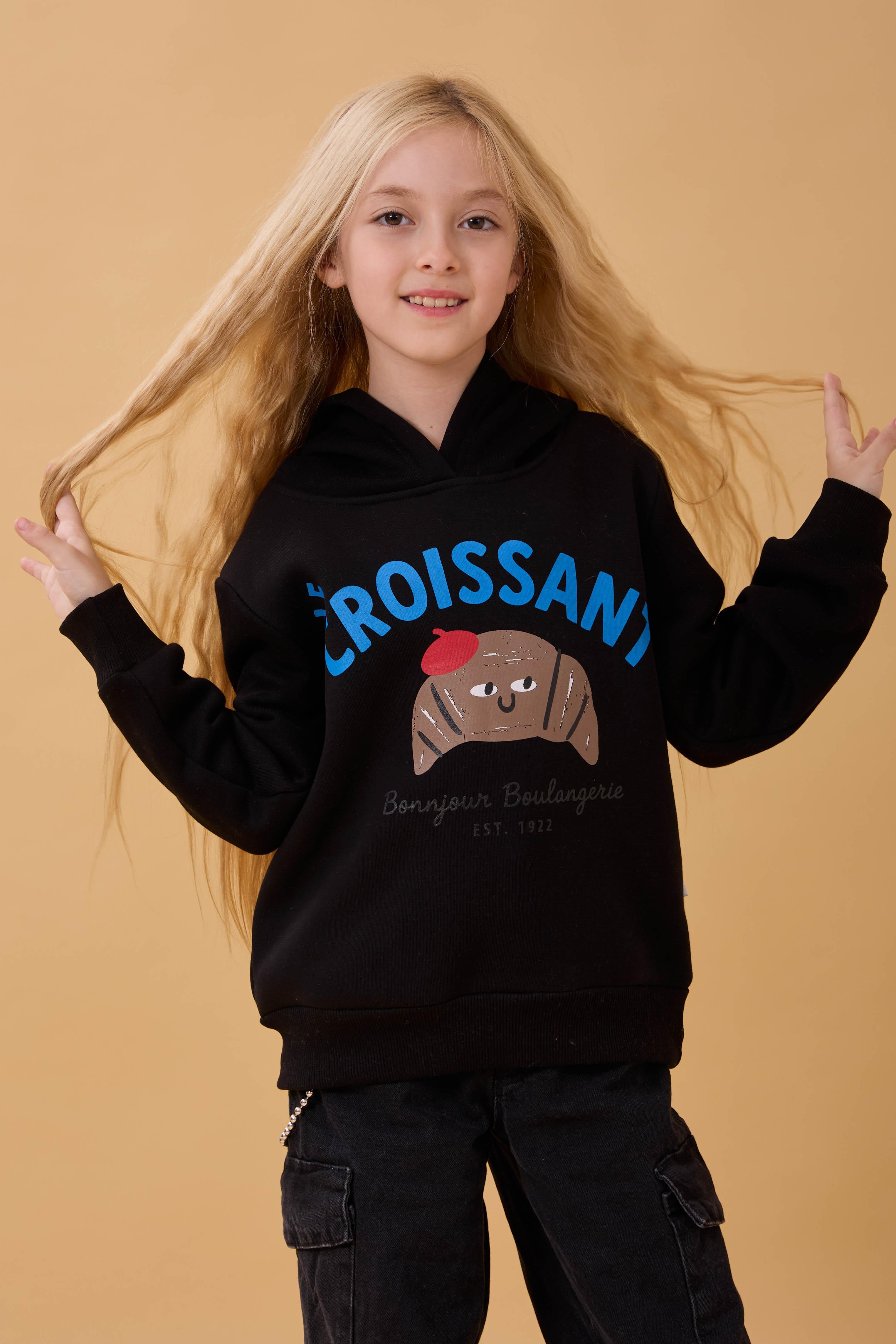 Kız Çocuk Kapüşonlu Kruvasan Baskılı İçi Polarlı Sweatshirt Siyah