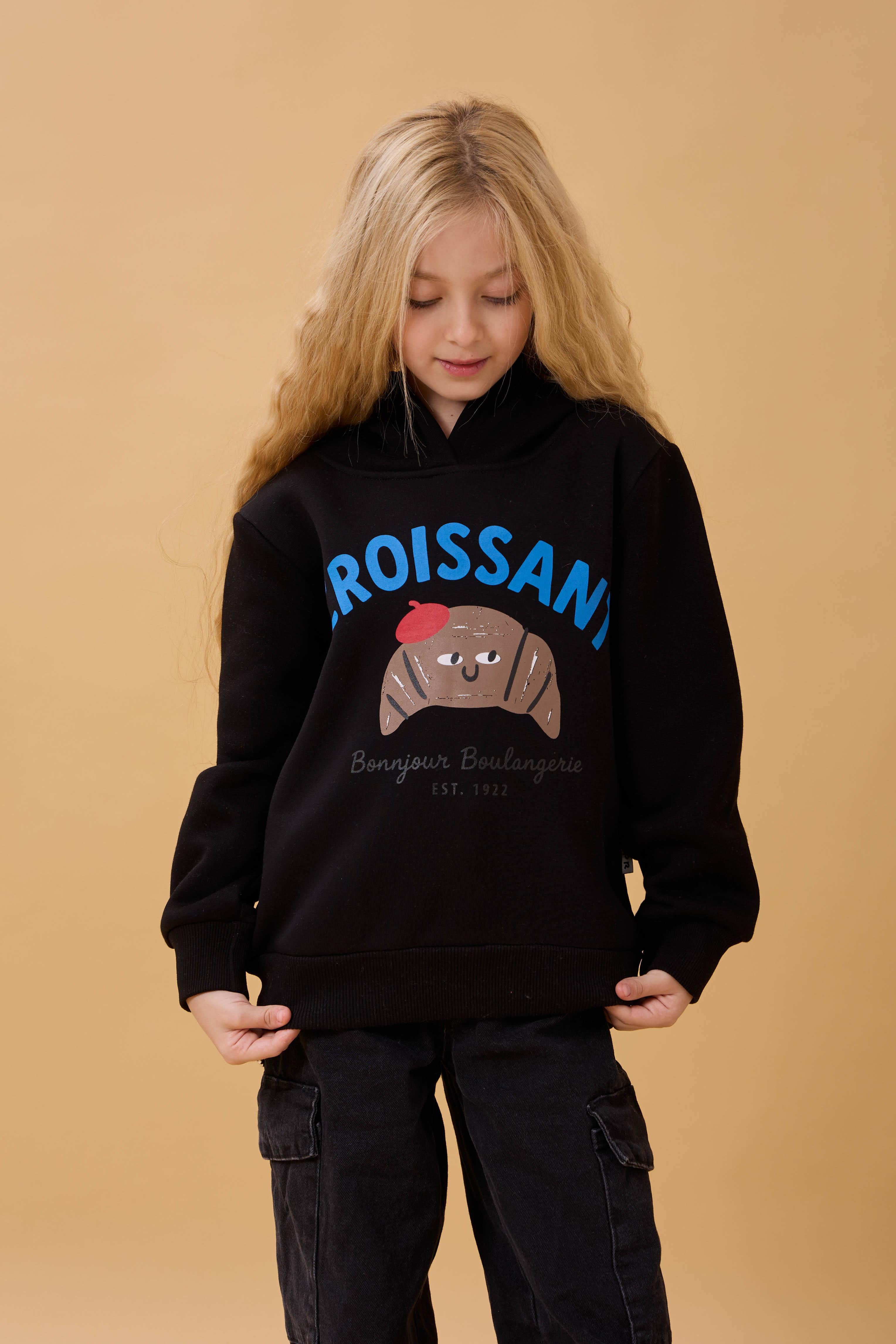 Kız Çocuk Kapüşonlu Kruvasan Baskılı İçi Polarlı Sweatshirt Siyah