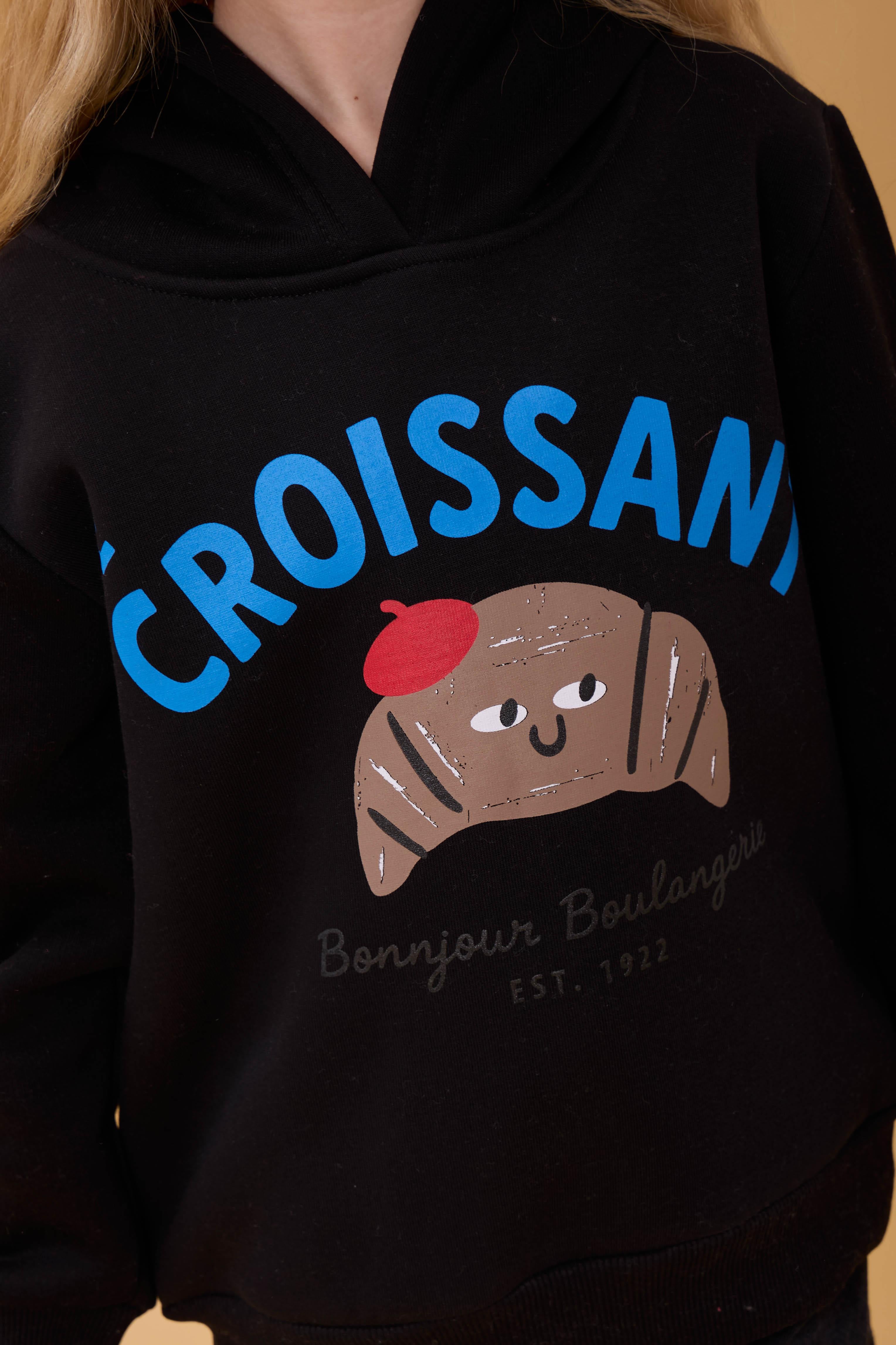 Kız Çocuk Kapüşonlu Kruvasan Baskılı İçi Polarlı Sweatshirt Siyah