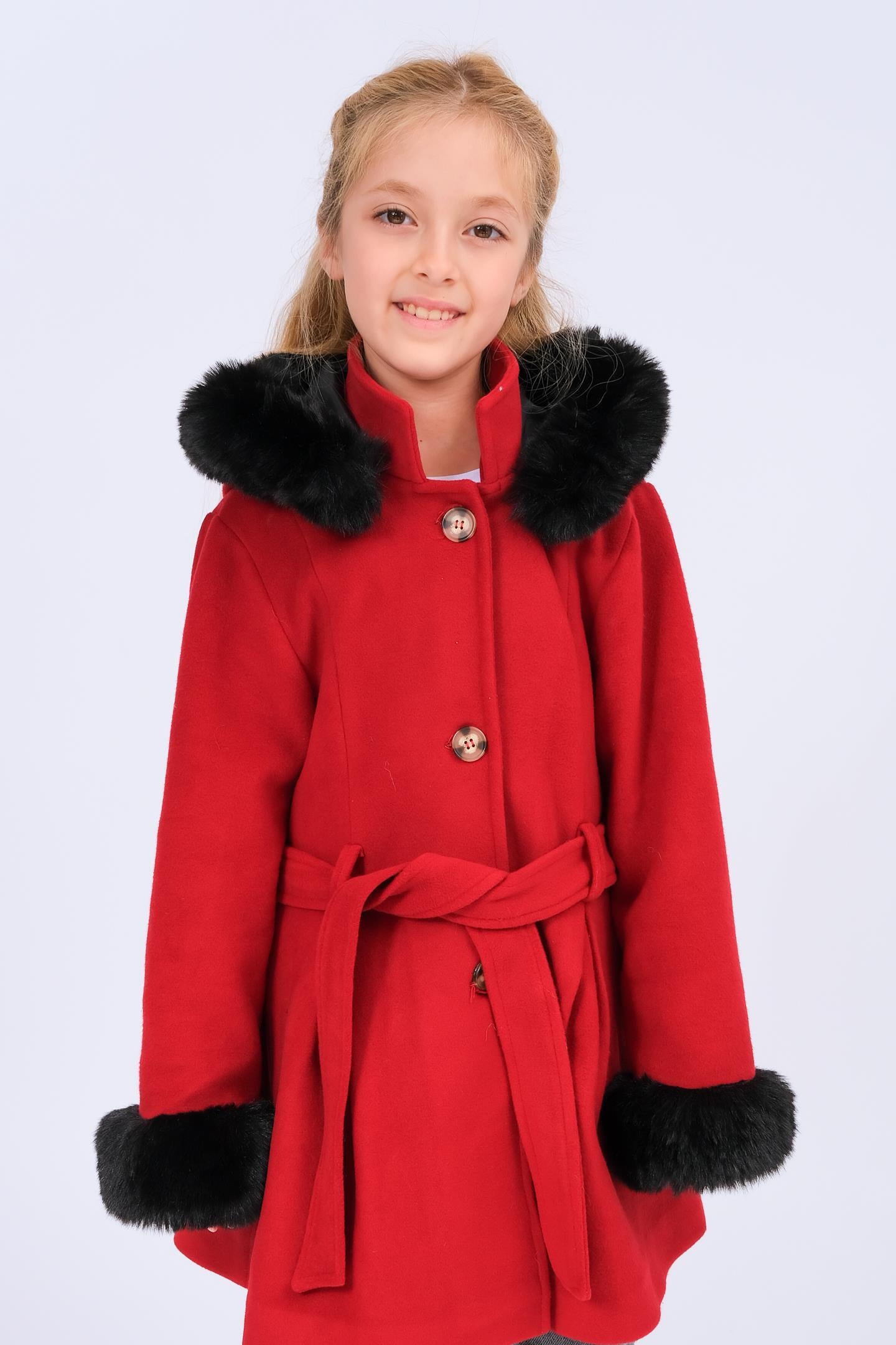 Kız Çocuk Kürk Detaylı Kapüşonlu Kuşaklı Kaşe Kaban
