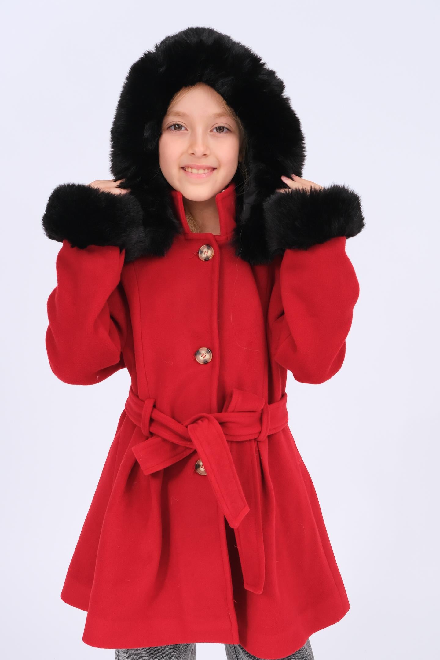 Kız Çocuk Kürk Detaylı Kapüşonlu Kuşaklı Kaşe Kaban
