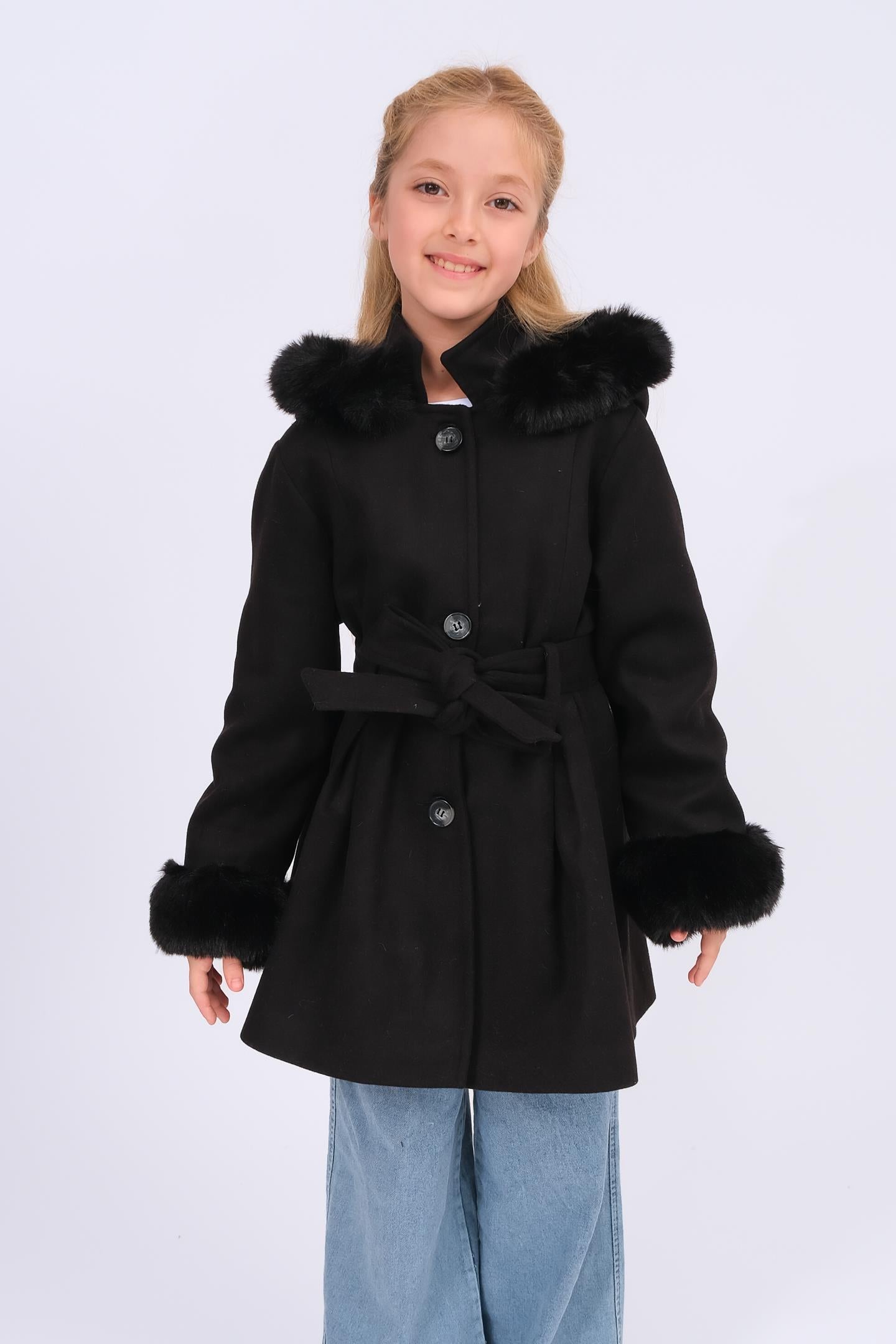 Kız Çocuk Kürk Detaylı Kapüşonlu Kuşaklı Kaşe Kaban