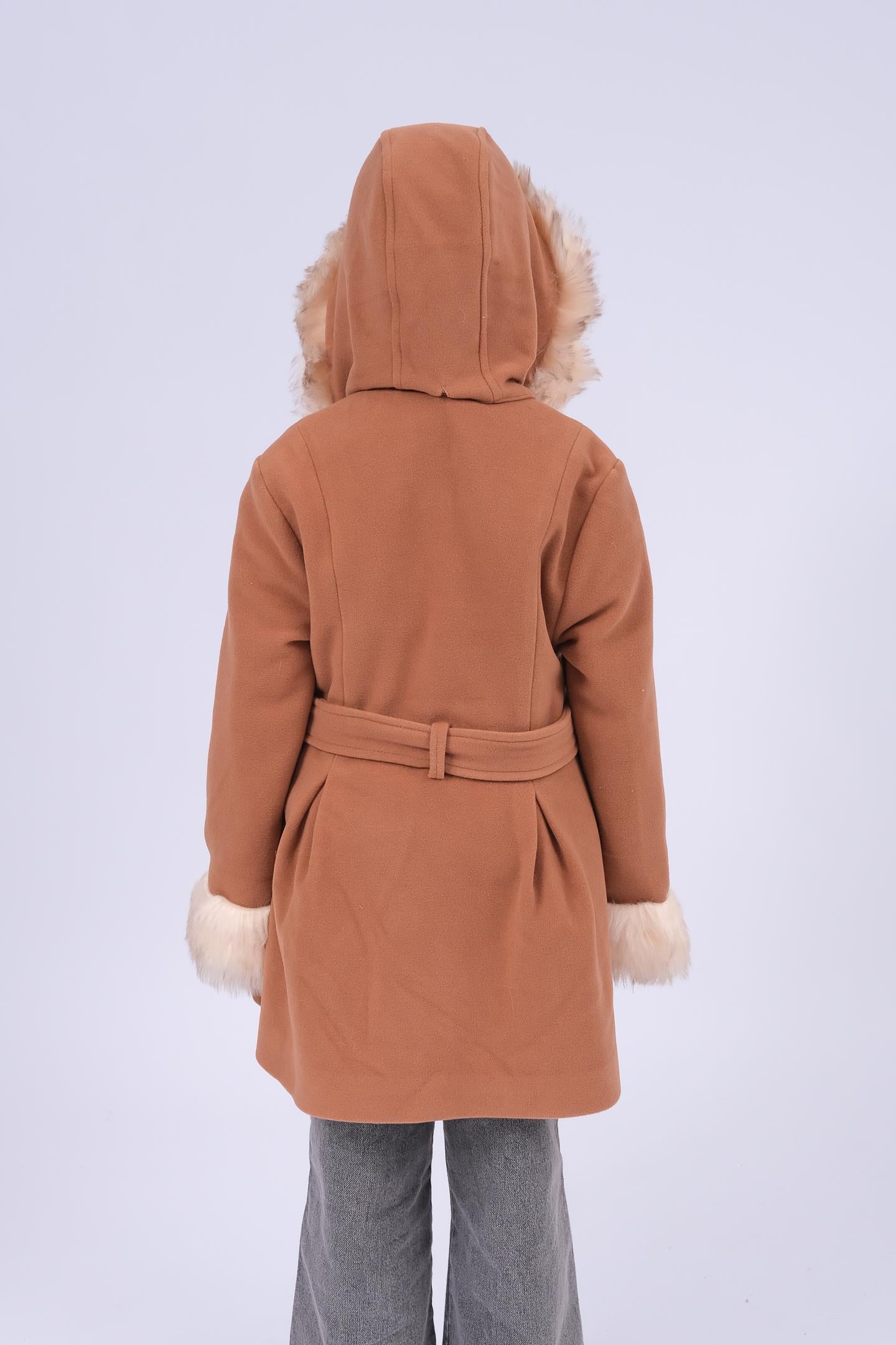 Kız Çocuk Kürk Detaylı Kapüşonlu Kuşaklı Kaşe Kaban