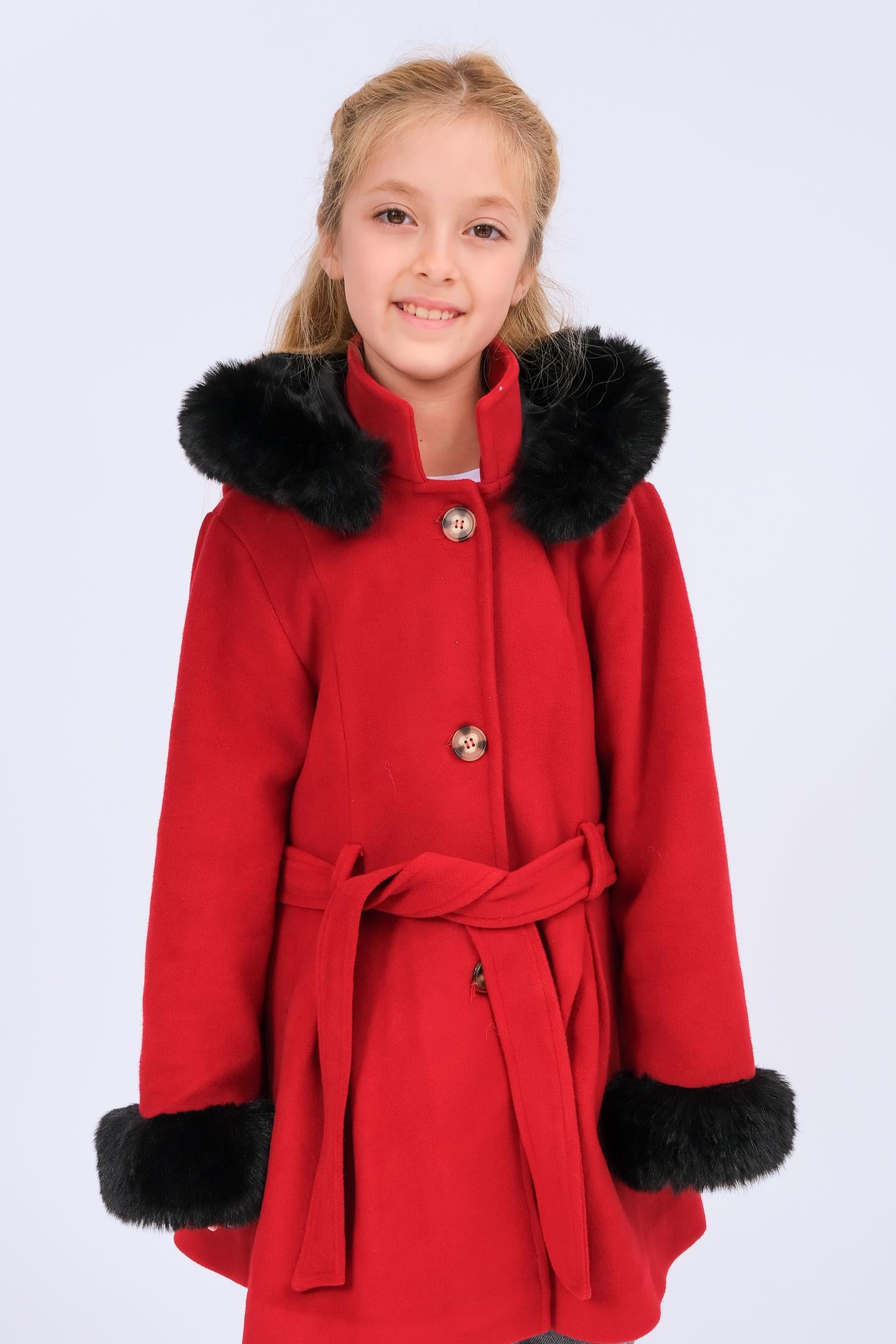 Kız Çocuk Kürk Detaylı Kapüşonlu Kuşaklı Kaşe Kaban – Kırmızı