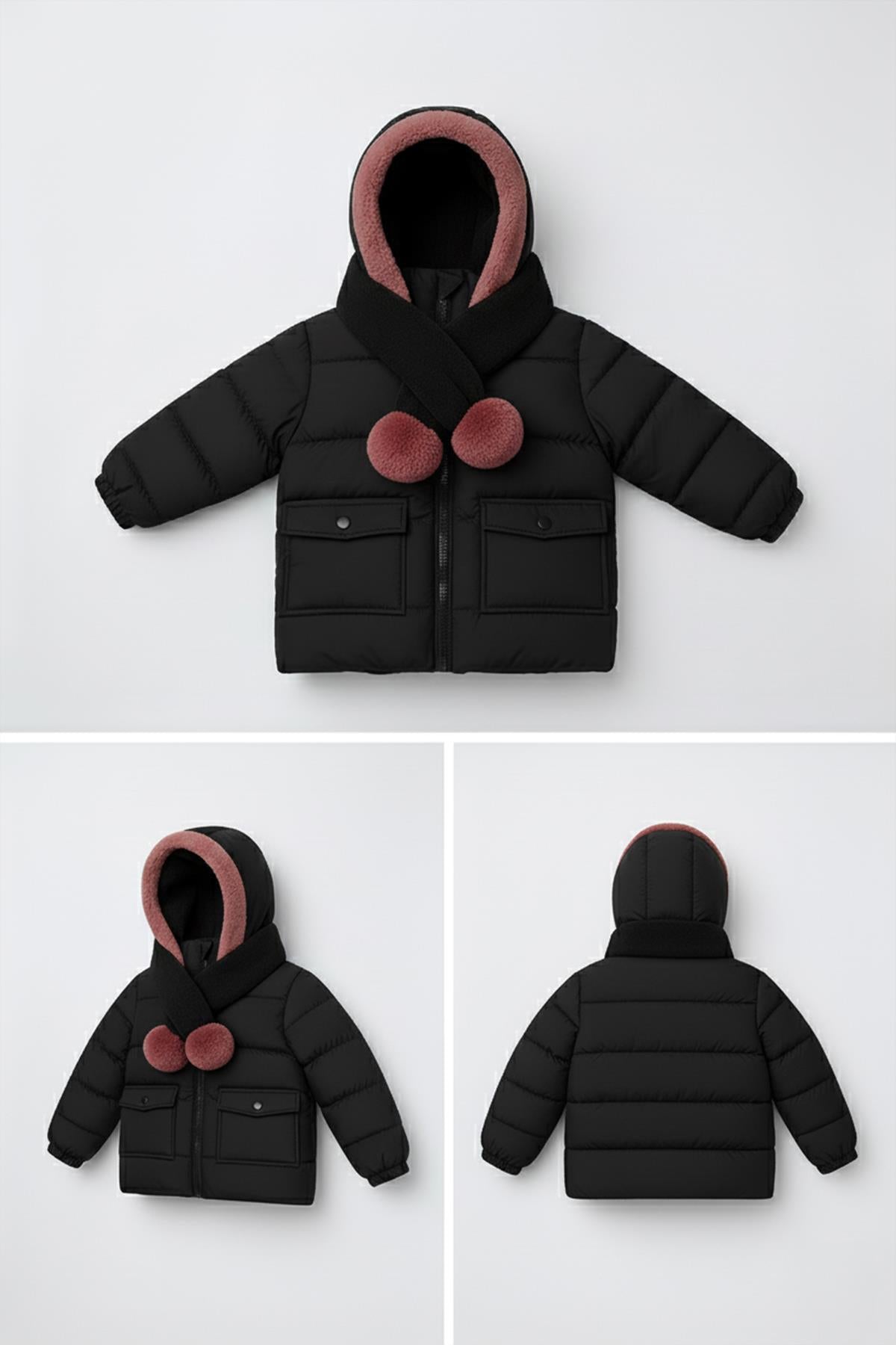 Kız Çocuk Kürklü Kapüşonlu Atkılı Şişme Mont