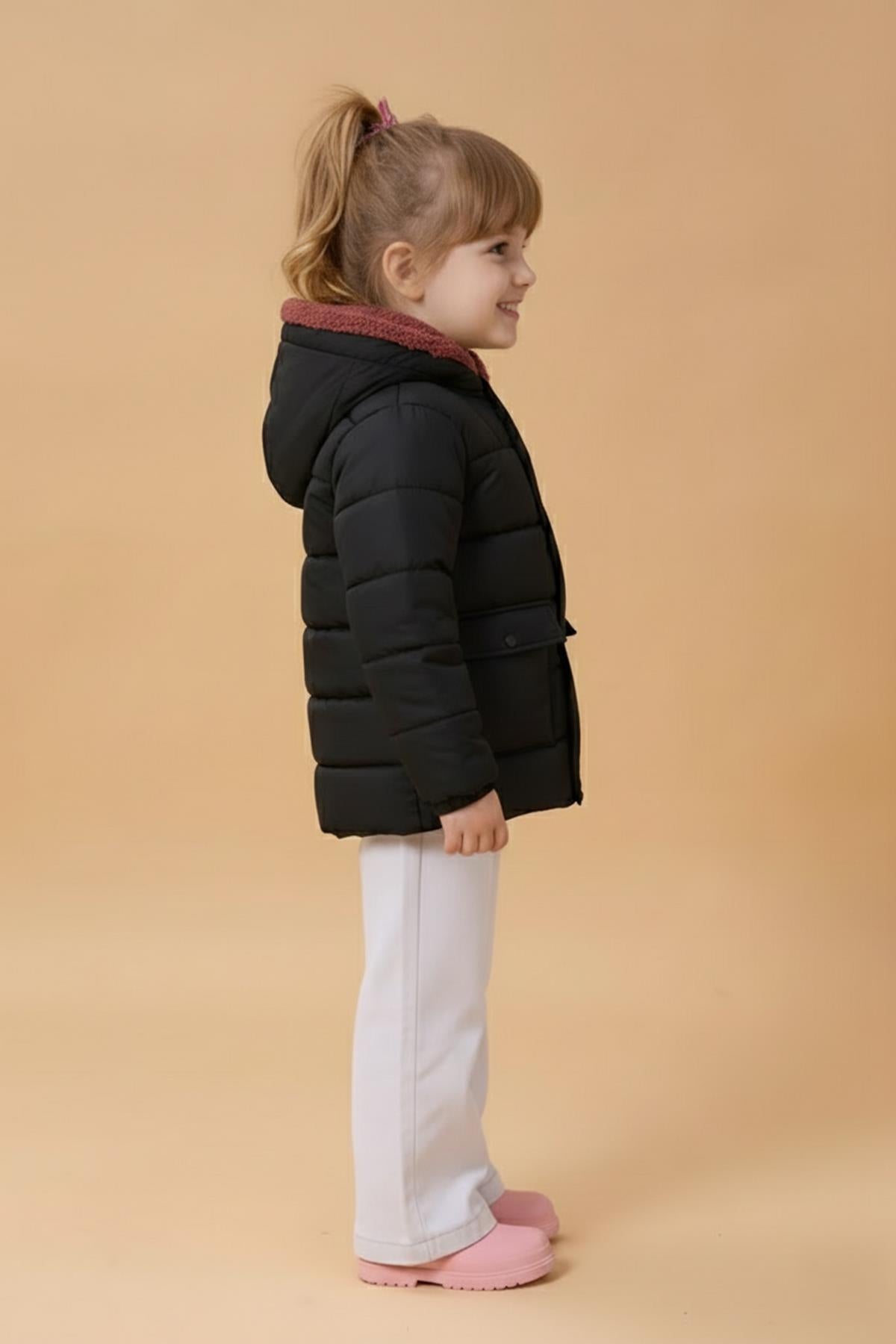 Kız Çocuk Kürklü Kapüşonlu Atkılı Şişme Mont