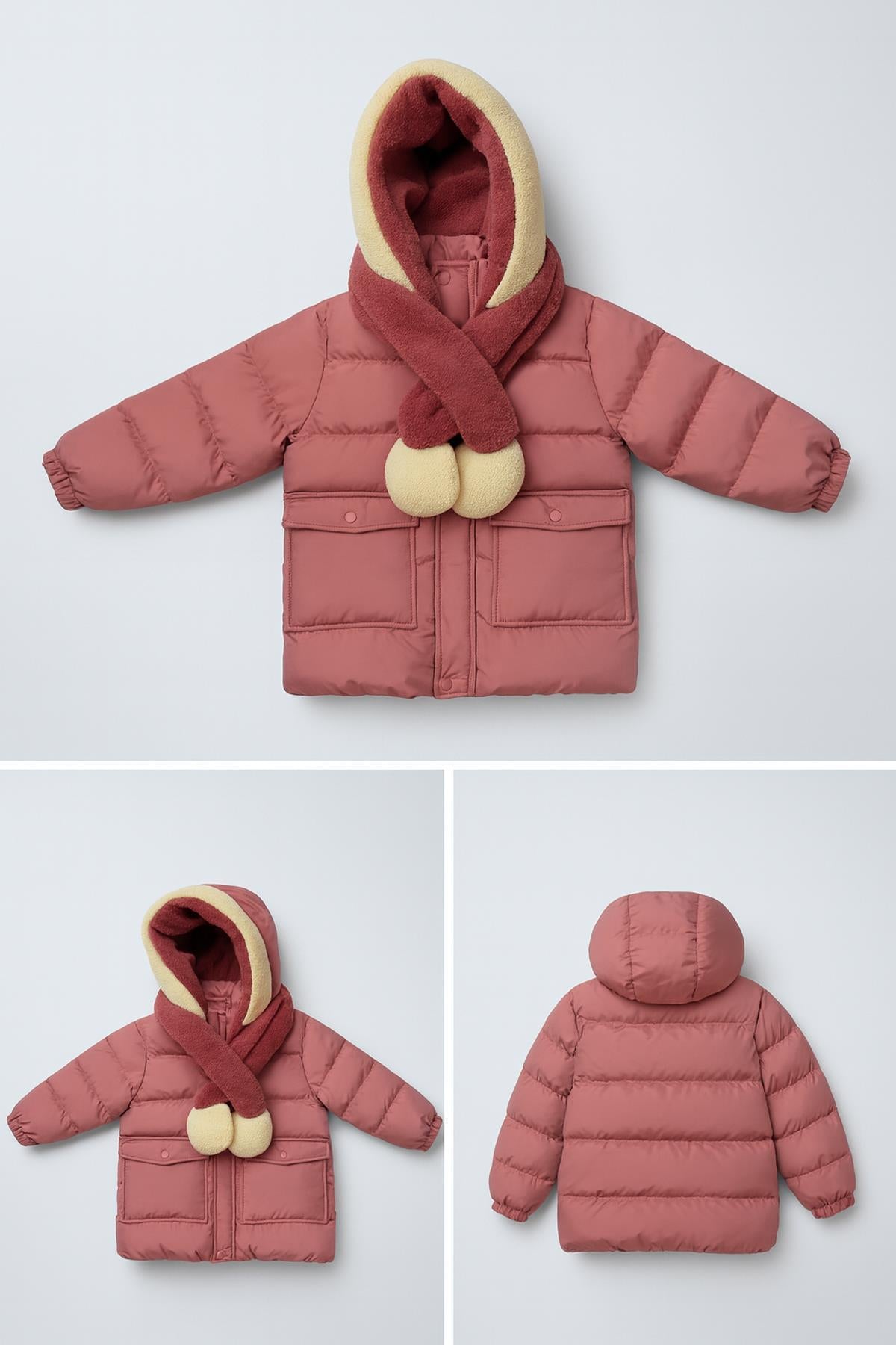 Kız Çocuk Kürklü Kapüşonlu Atkılı Şişme Mont