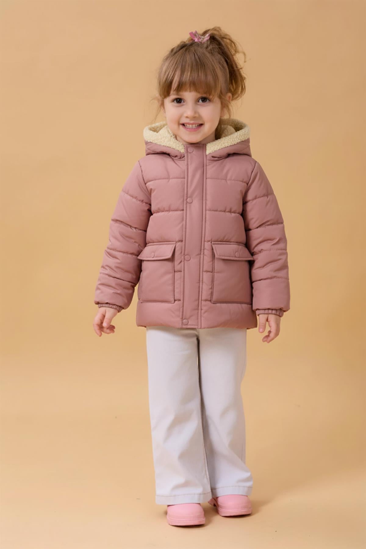 Kız Çocuk Kürklü Kapüşonlu Atkılı Şişme Mont