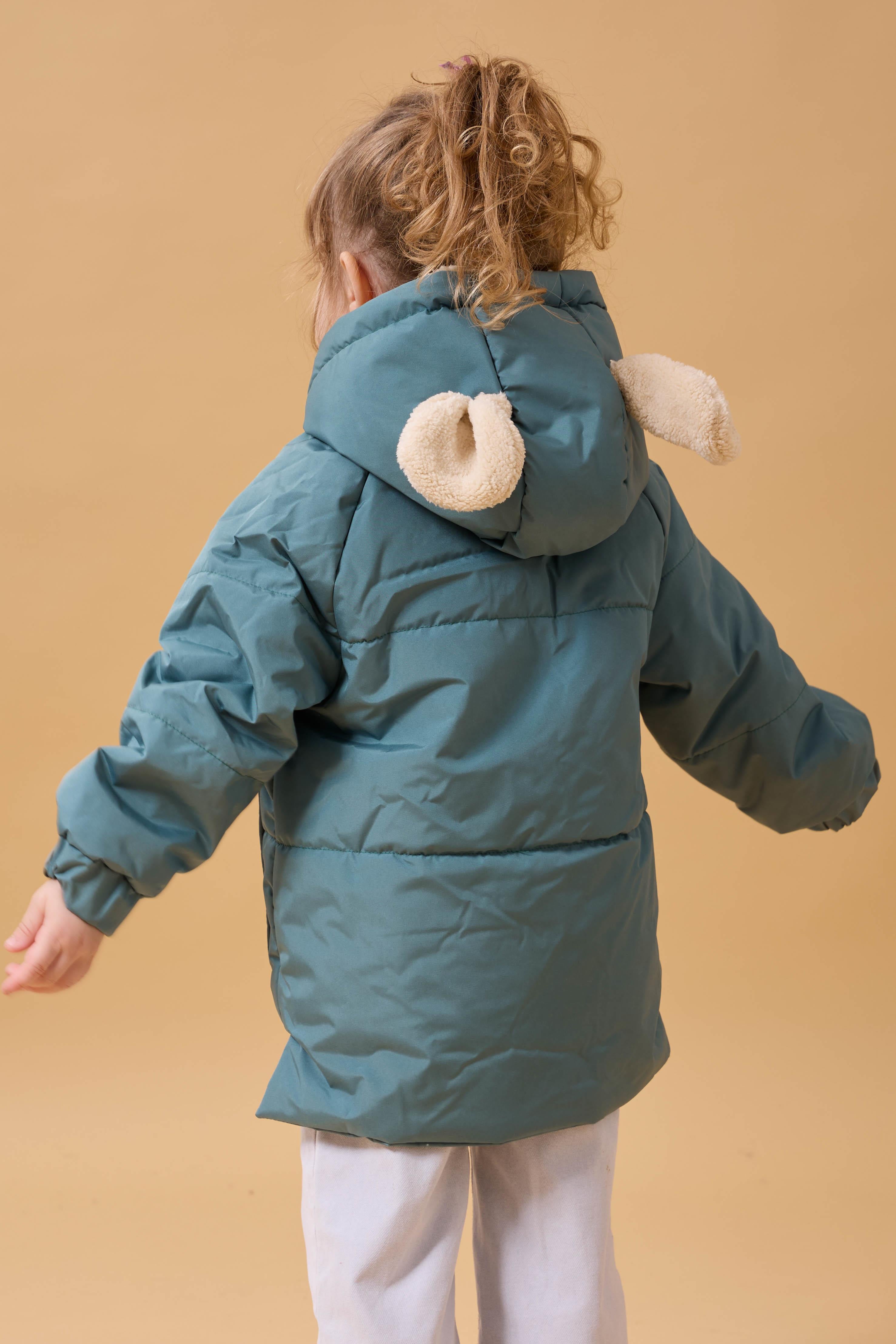 Kız Çocuk Kürklü Kulaklı ve Çanta Aksesuarlı Kalın Kışlık Mont