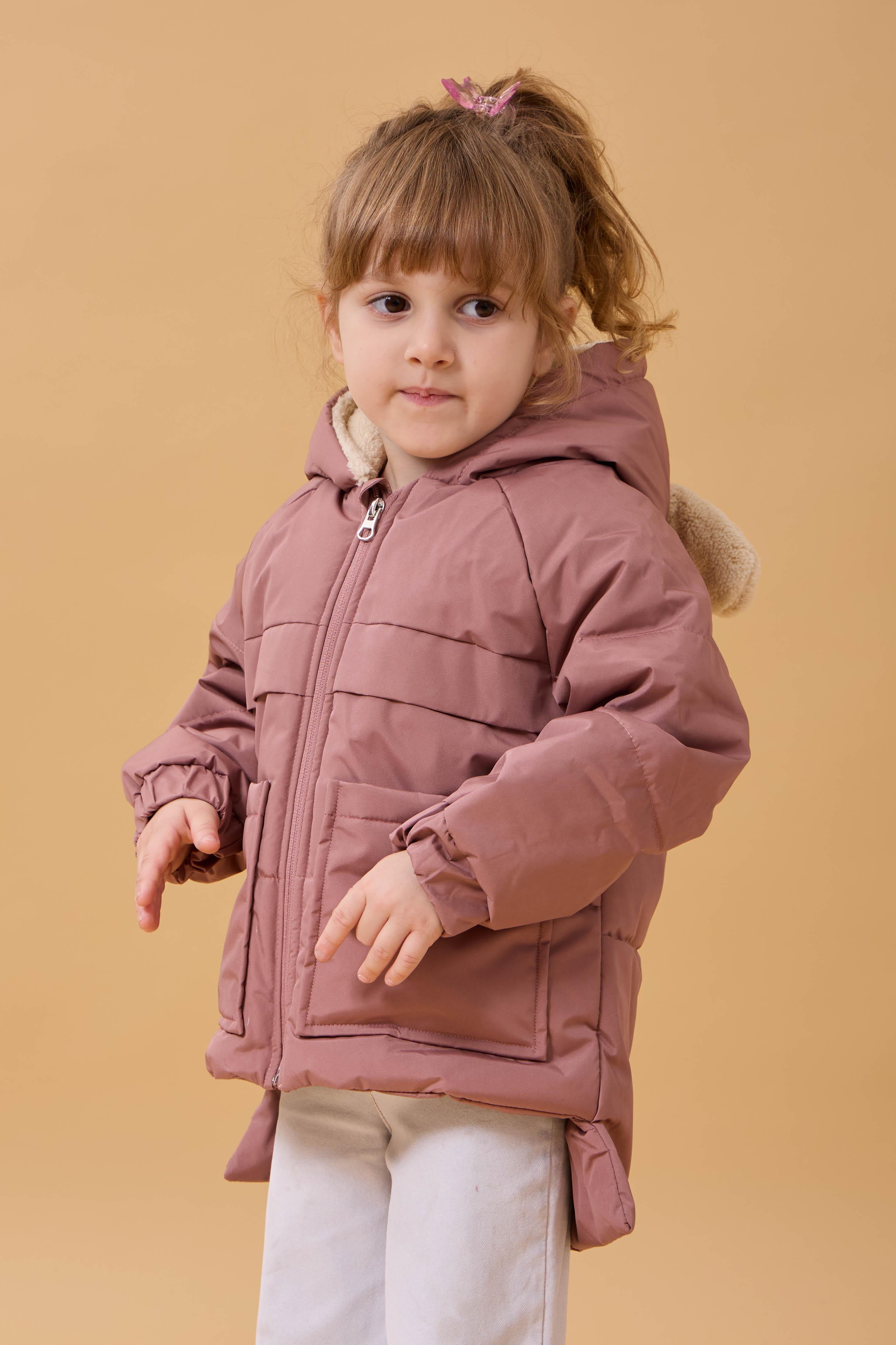 Kız Çocuk Kürklü Kulaklı ve Çanta Aksesuarlı Kalın Kışlık Mont Gülkurusu