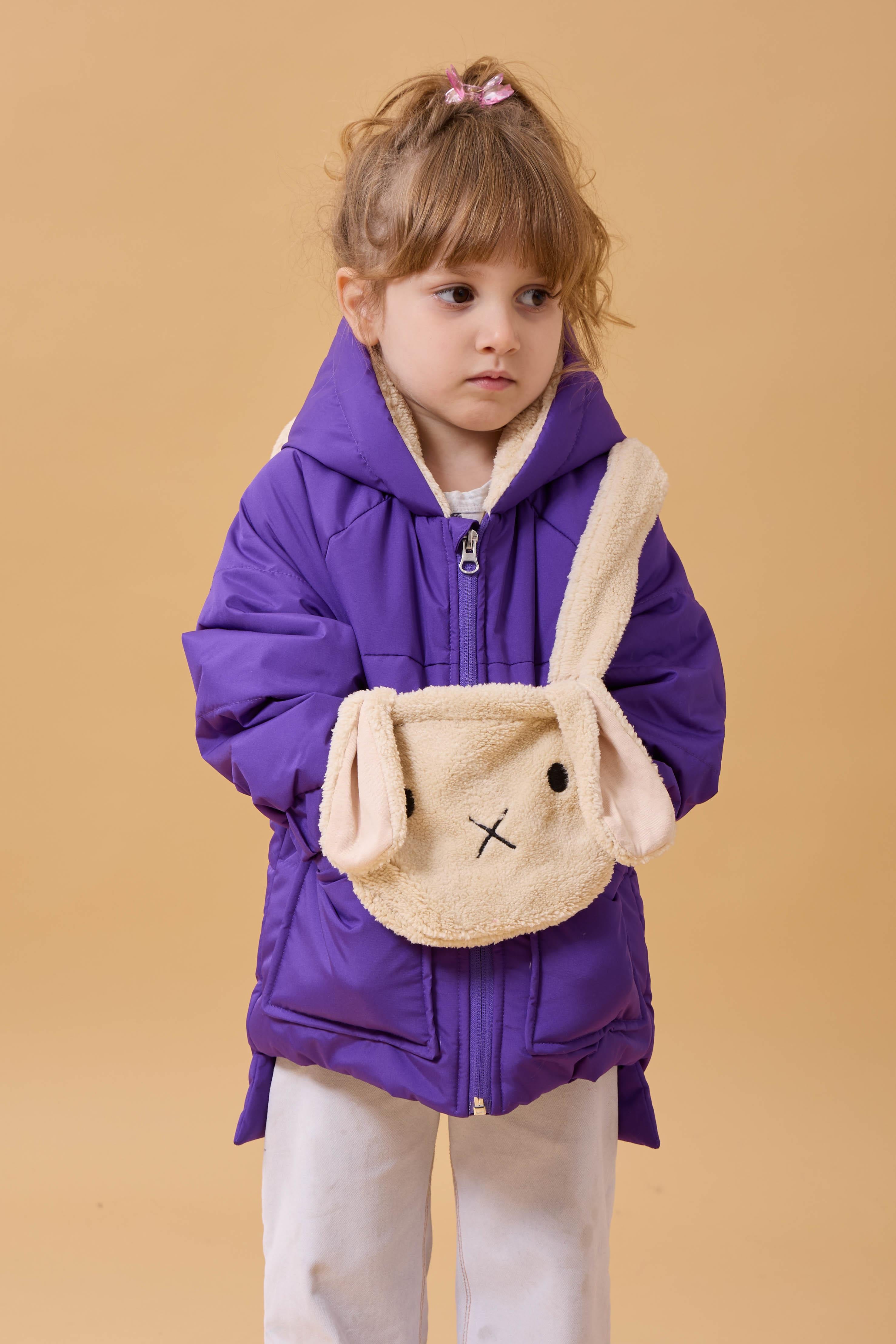 Kız Çocuk Kürklü Kulaklı ve Çanta Aksesuarlı Kalın Kışlık Mont Mor