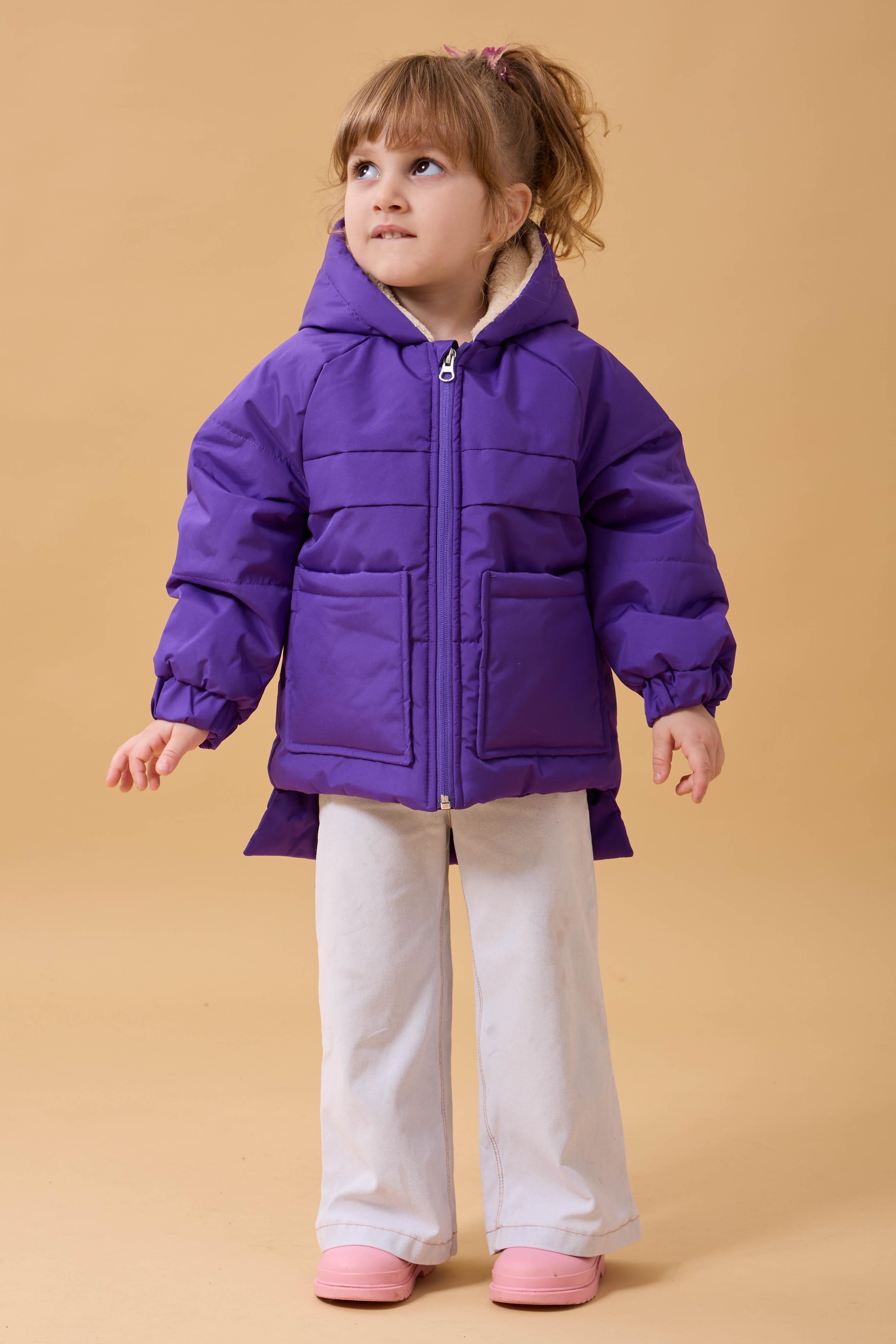 Kız Çocuk Kürklü Kulaklı ve Çanta Aksesuarlı Kalın Kışlık Mont Mor