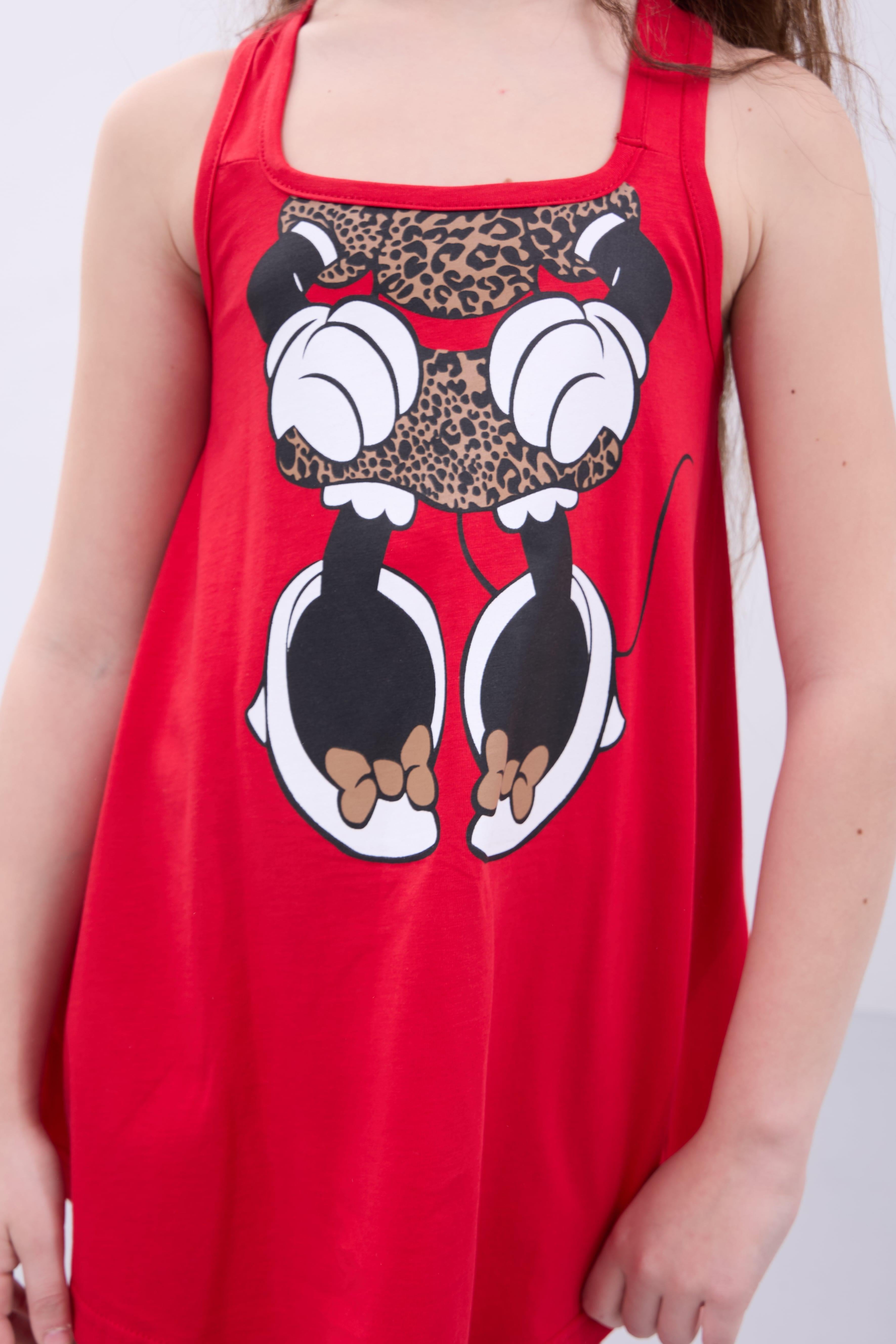 Kız Çocuk Leopar Desenli Minnie Mouse Baskılı Askılı Tunik ve Tayt Takımı