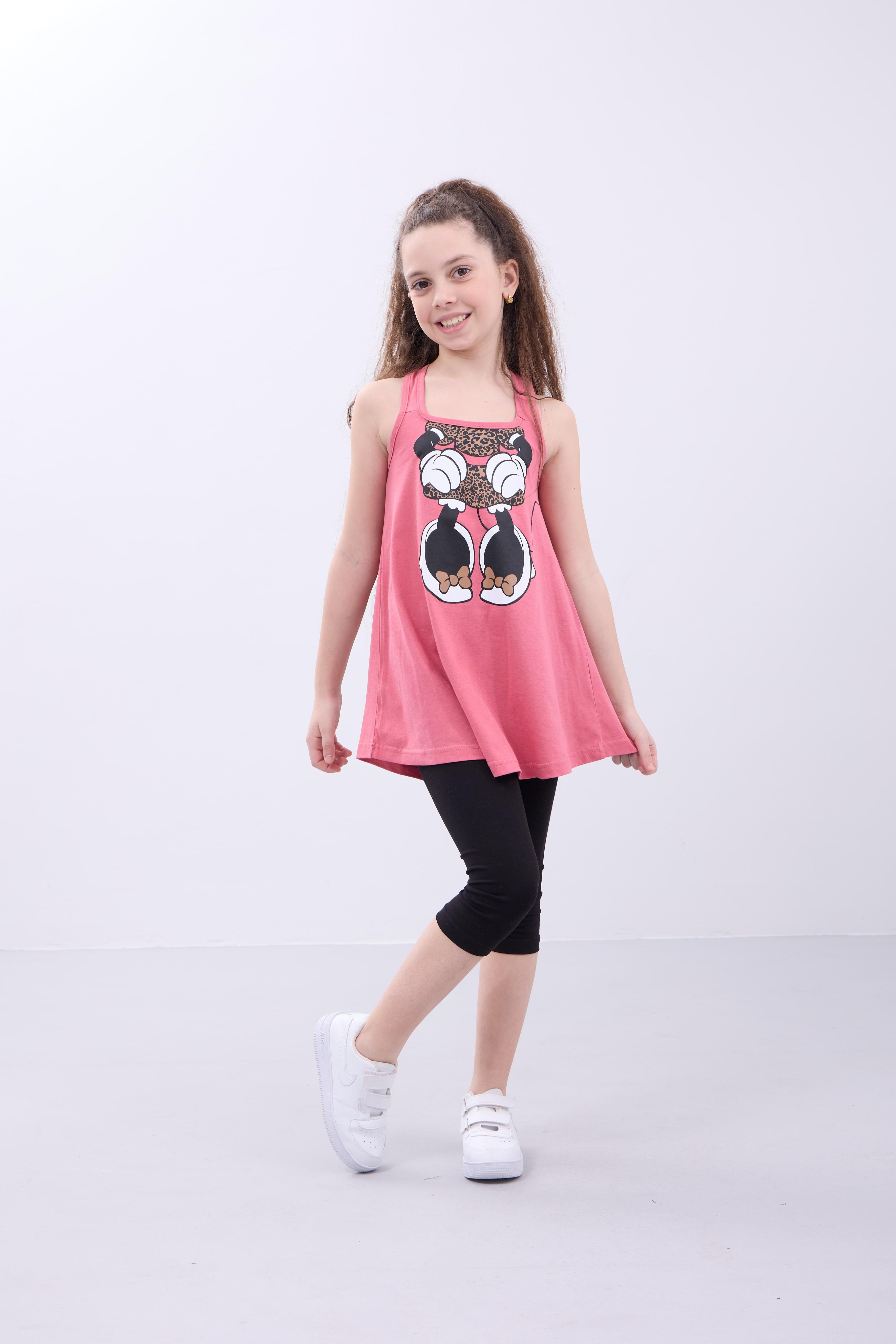 Kız Çocuk Leopar Desenli Minnie Mouse Baskılı Askılı Tunik ve Tayt Takımı