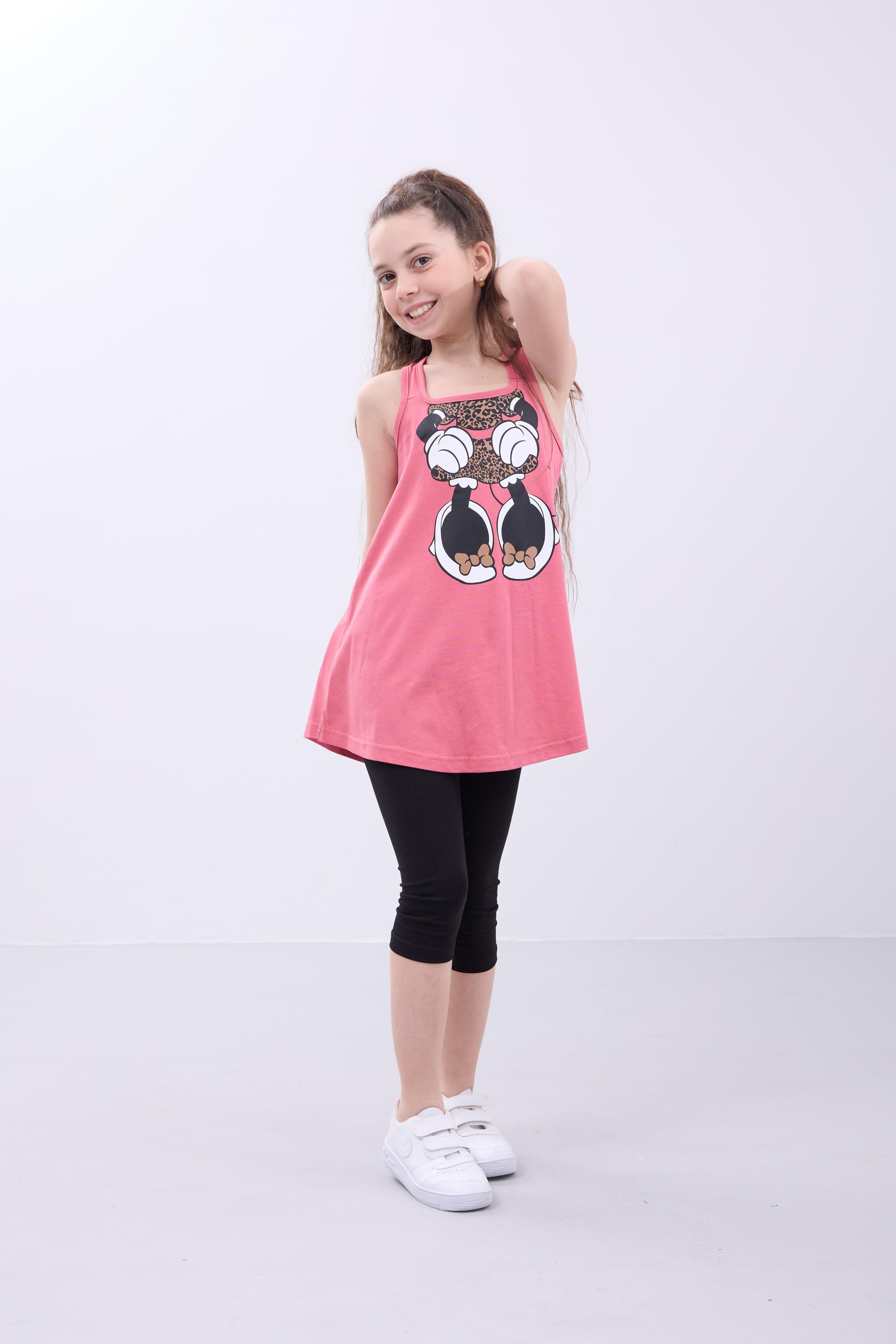 Kız Çocuk Leopar Desenli Minnie Mouse Baskılı Askılı Tunik ve Tayt Takımı