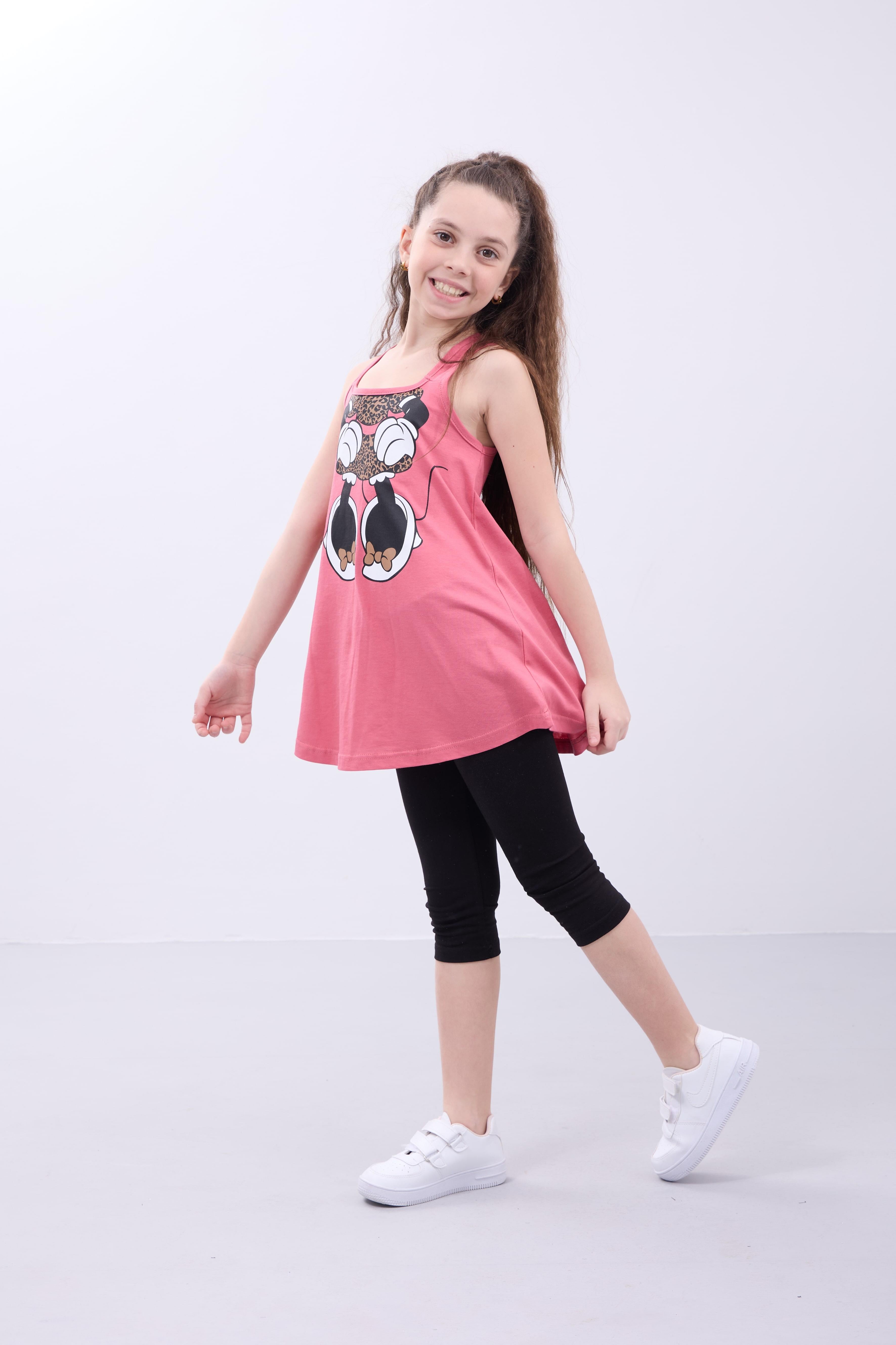 Kız Çocuk Leopar Desenli Minnie Mouse Baskılı Askılı Tunik ve Tayt Takımı