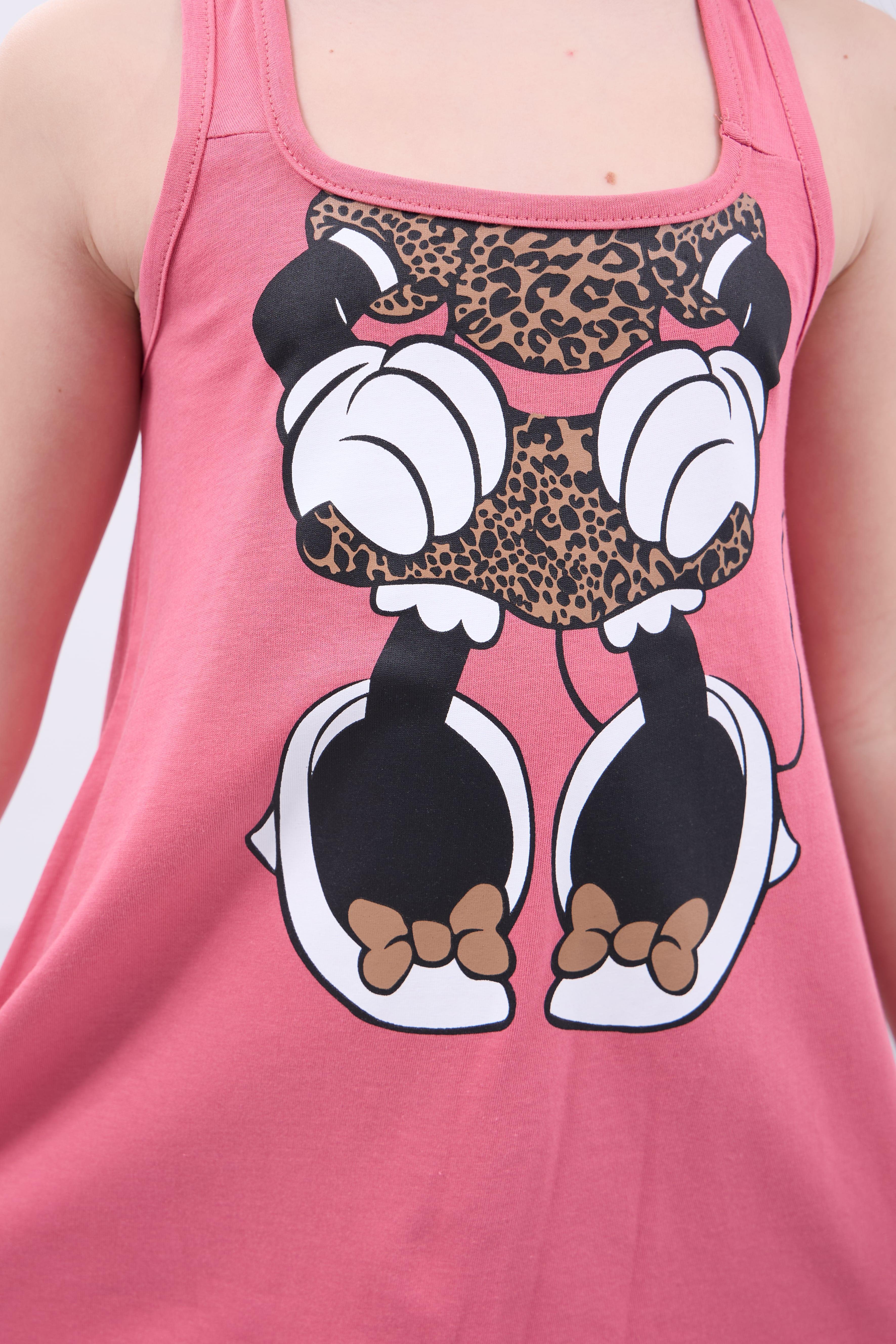 Kız Çocuk Leopar Desenli Minnie Mouse Baskılı Askılı Tunik ve Tayt Takımı