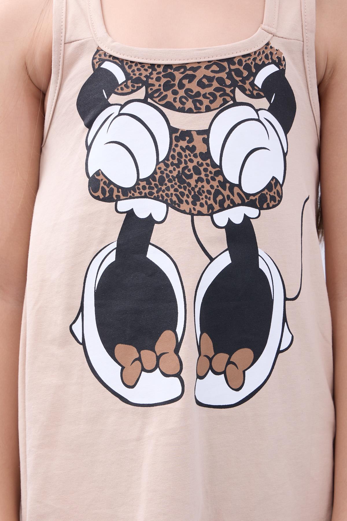 Kız Çocuk Leopar Desenli Minnie Mouse Baskılı Askılı Tunik ve Tayt Takımı
