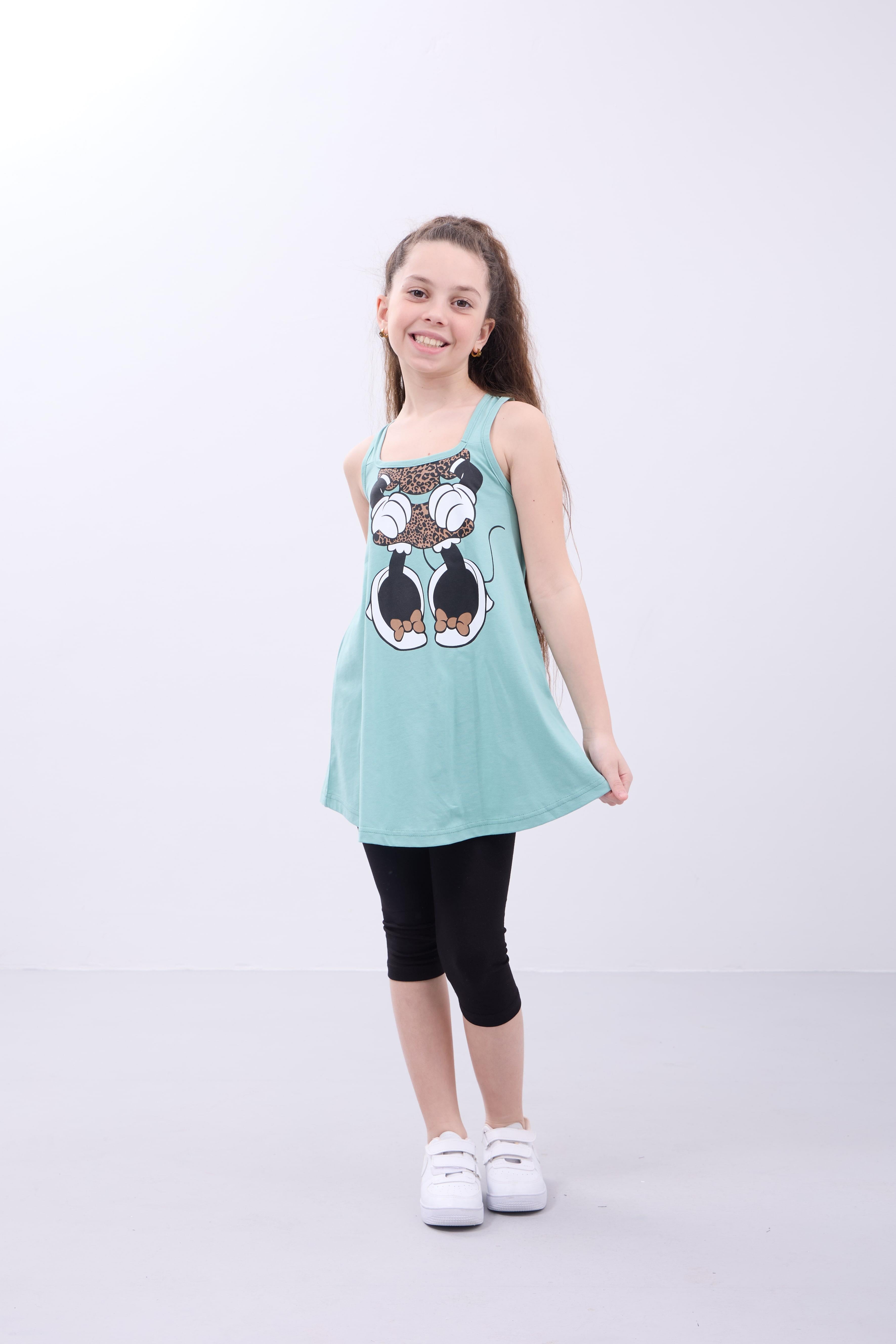 Kız Çocuk Leopar Desenli Minnie Mouse Baskılı Askılı Tunik ve Tayt Takımı