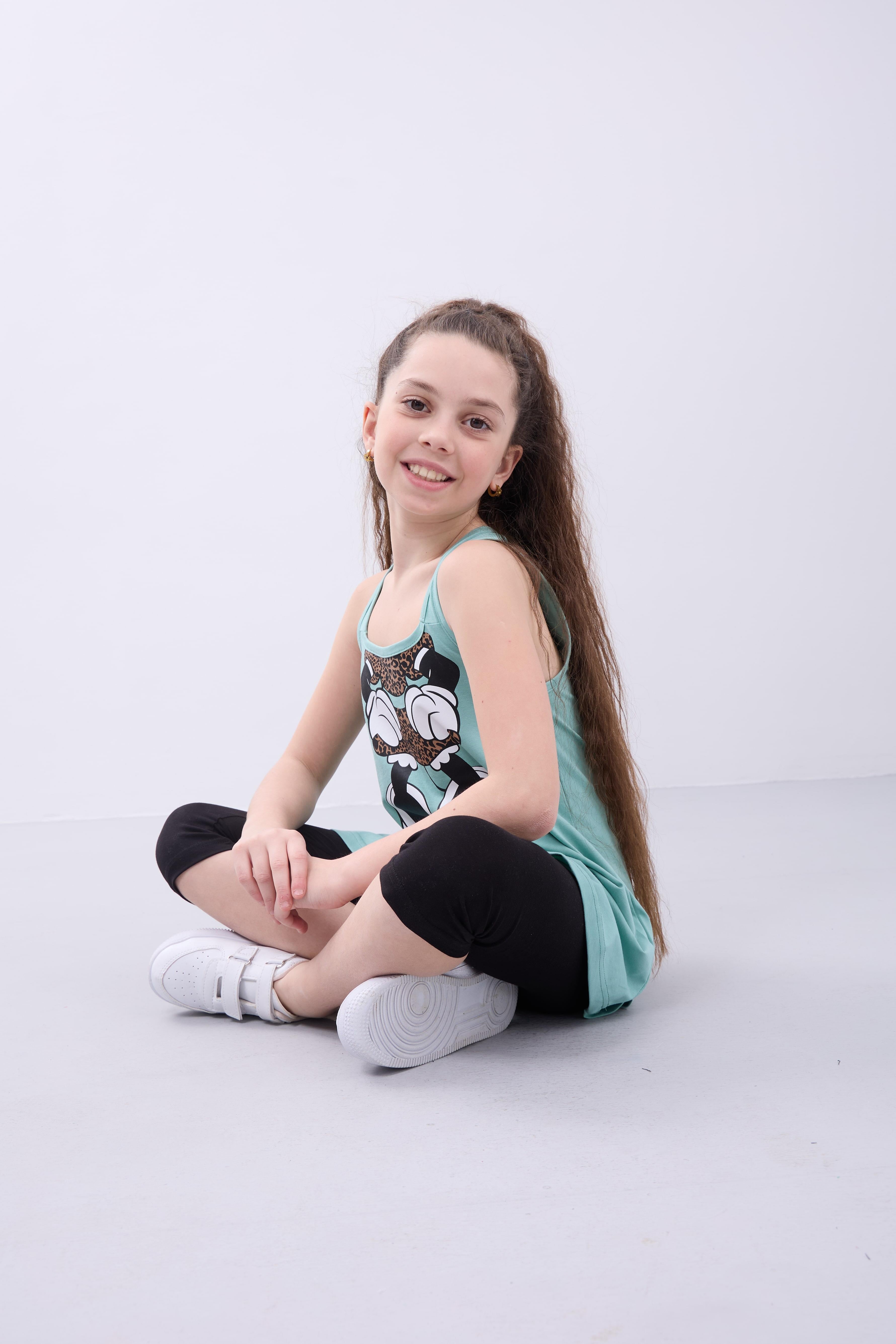 Kız Çocuk Leopar Desenli Minnie Mouse Baskılı Askılı Tunik ve Tayt Takımı