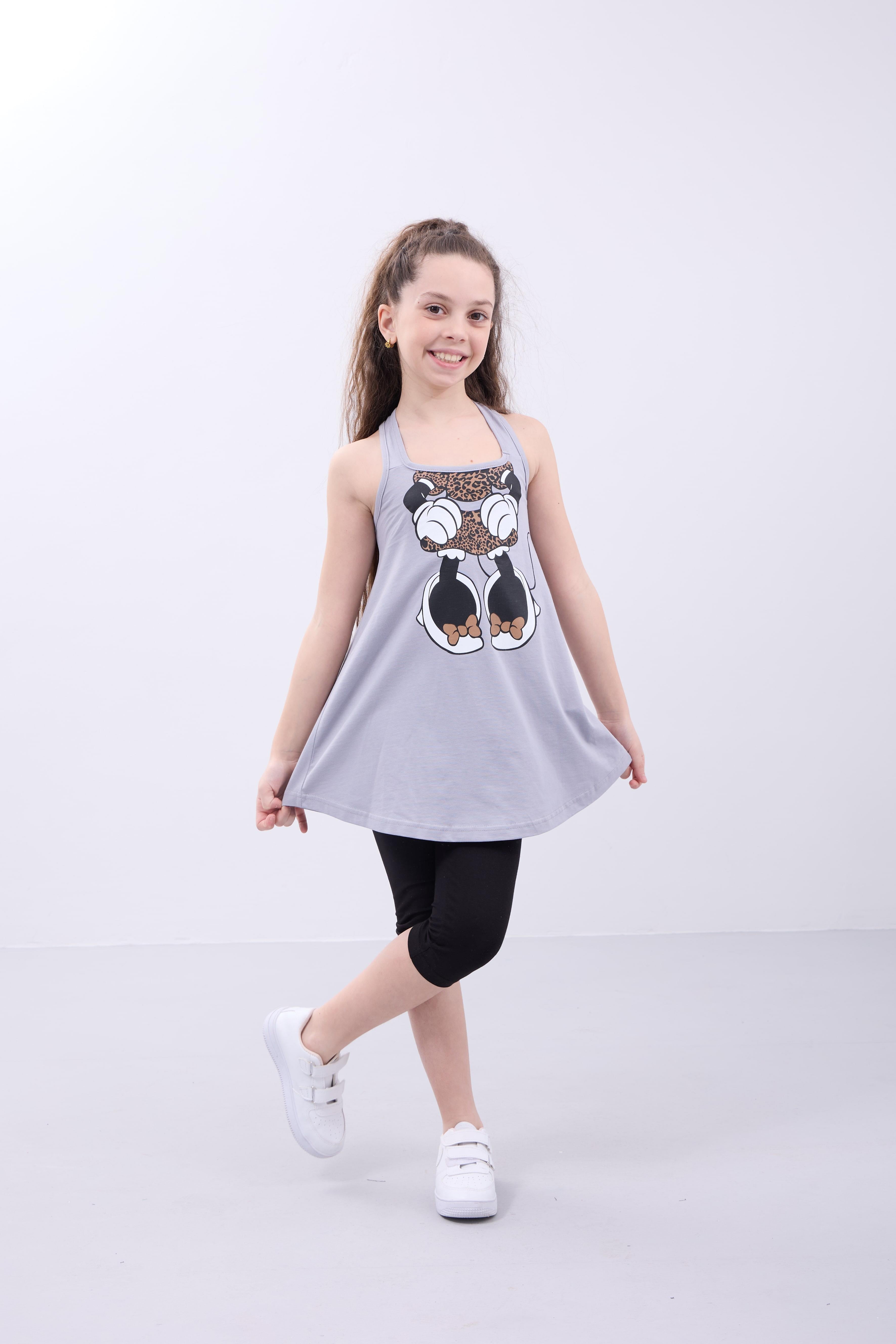 Kız Çocuk Leopar Desenli Minnie Mouse Baskılı Askılı Tunik ve Tayt Takımı
