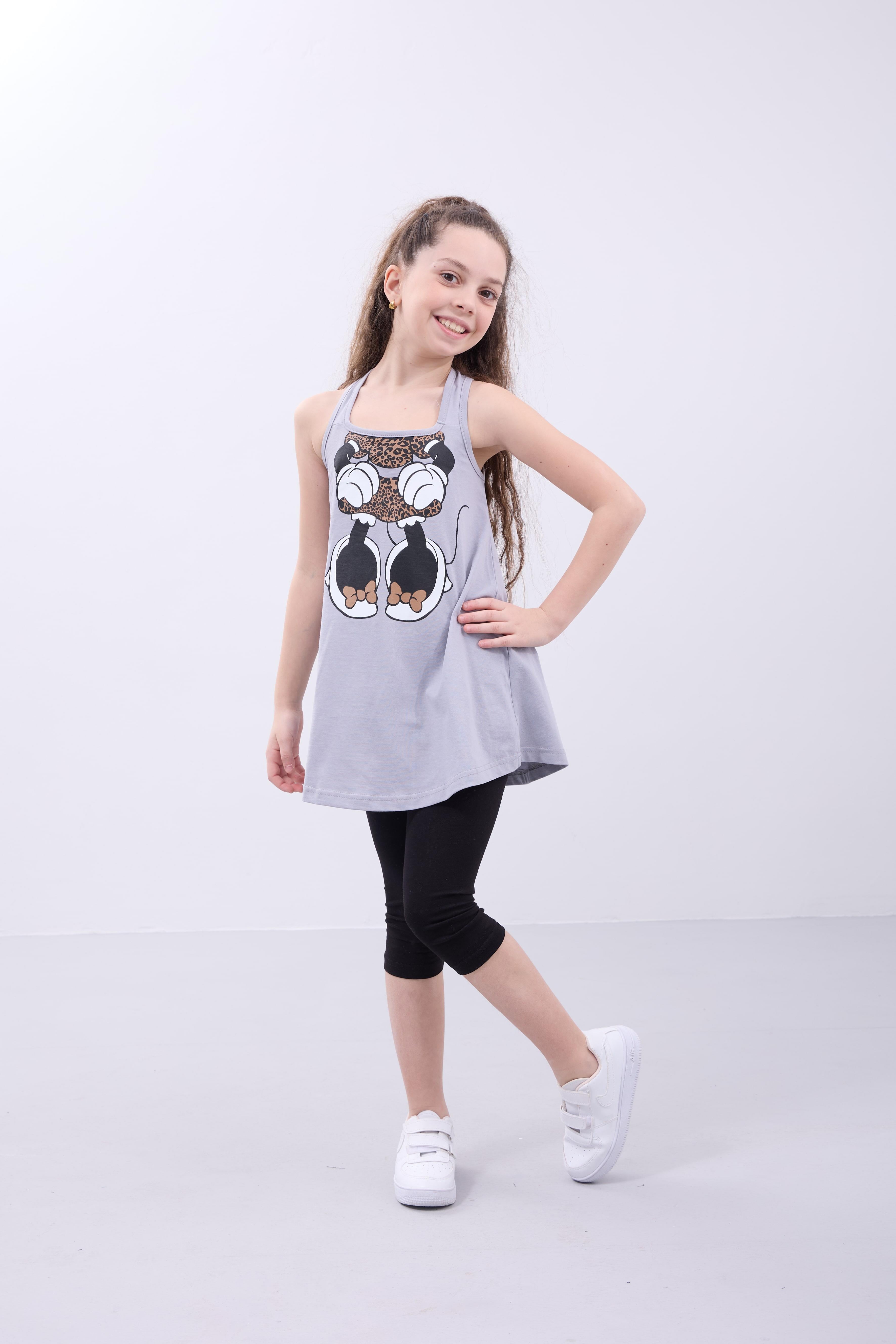 Kız Çocuk Leopar Desenli Minnie Mouse Baskılı Askılı Tunik ve Tayt Takımı