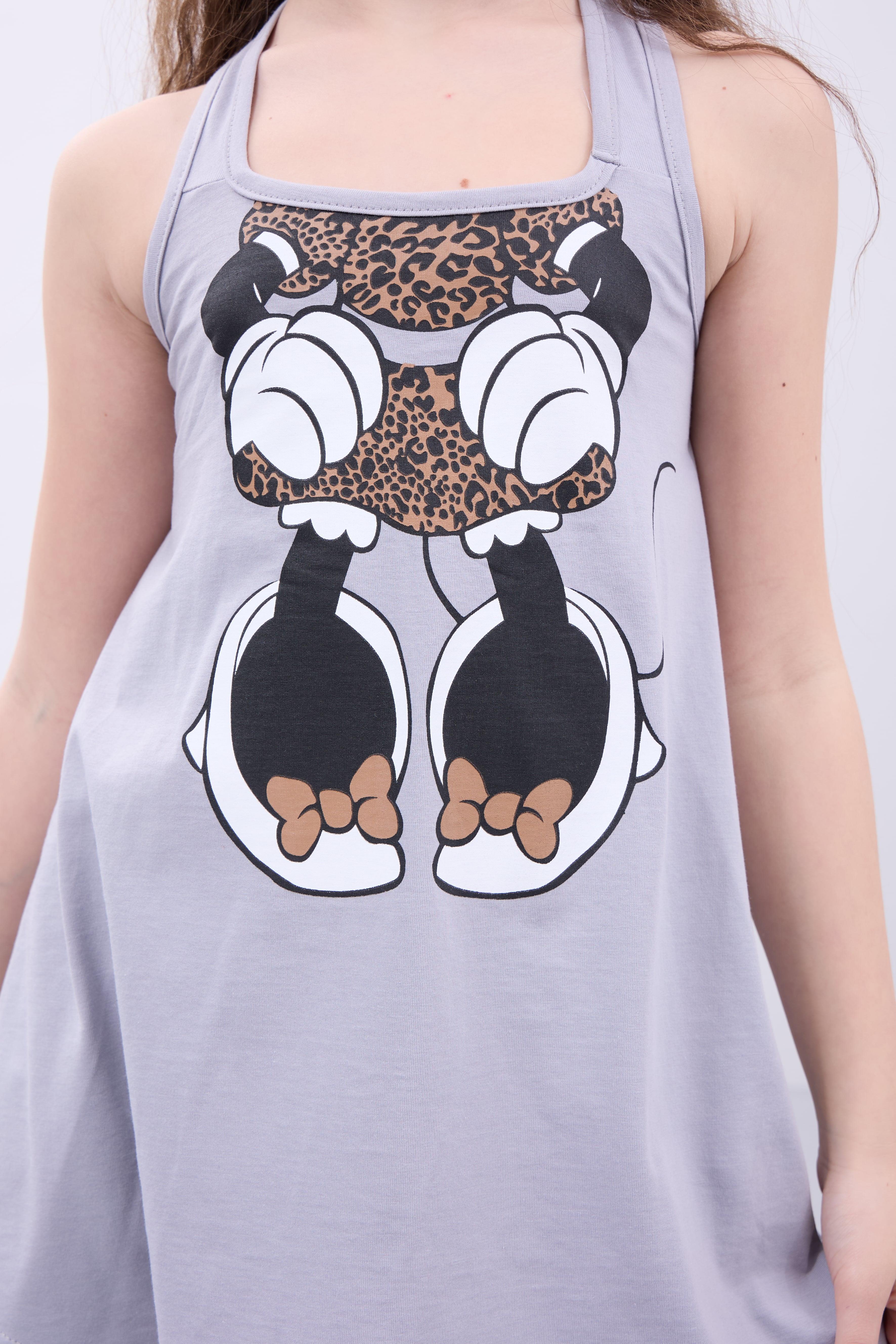 Kız Çocuk Leopar Desenli Minnie Mouse Baskılı Askılı Tunik ve Tayt Takımı