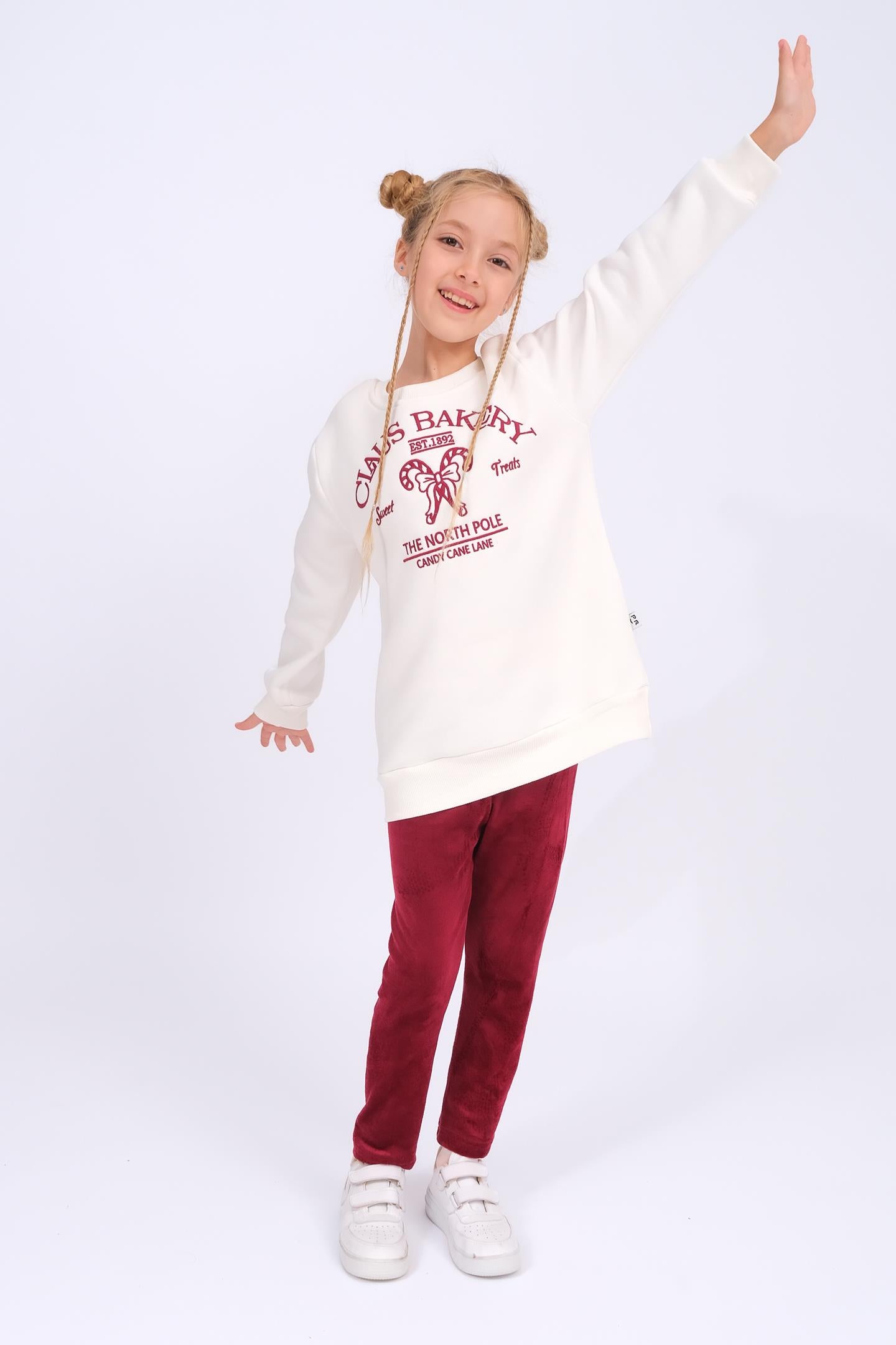 Kız Çocuk Nakış Detaylı Sweat ve Kadife Taytlı İçi Polarlı Kışlık Takım