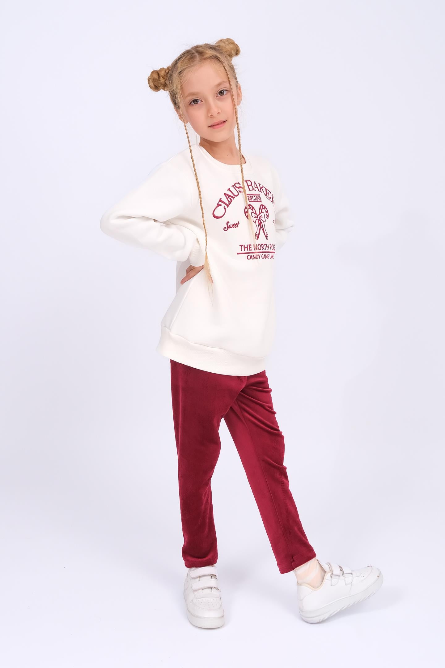 Kız Çocuk Nakış Detaylı Sweat ve Kadife Taytlı İçi Polarlı Kışlık Takım